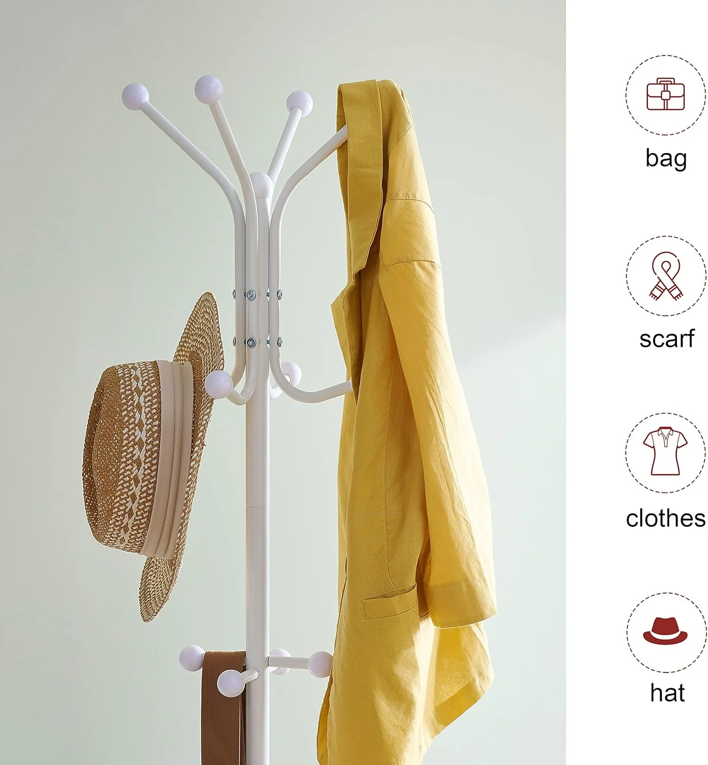 رخت آویز ایستاده Hoctieon، رخت آویز ورودی با 12 چنگک، آویز لباس، رخت آویز فلزی ایستاده، استند لباس، رخت آویز ایستاده، سفید