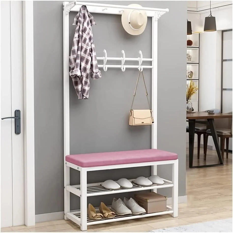 جالباسی فلزی ایستاده با 12 آویز، مناسب برای ورودی منزل، سازمان دهنده کارآمد فضا، صورتی 100*33*170 سانتی متر