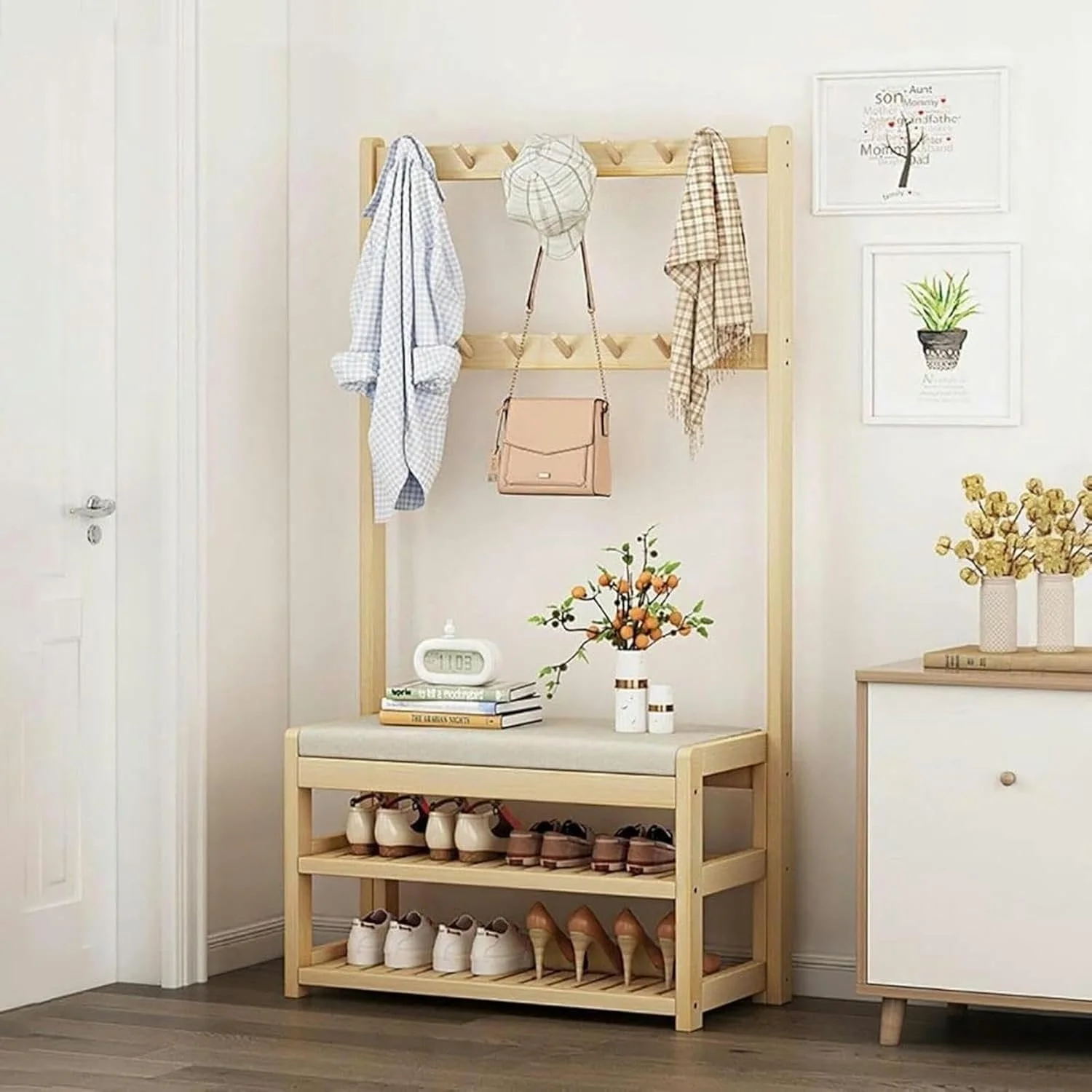 جالباسی ایستاده ۳ در ۱ مناسب ورودی، لابی، راهرو و غیره، قفسه نظم دهنده با نیمکت و ۵ قلاب دوتایی، آسان (۶۴X۳۱X۱۷۲.۵ سانتی متر) جالباسی ایستاده ۳ در ۱ مناسب ورودی، لابی، راهرو و غیره، قفسه نظم دهنده با نیمکت و ۵ قلاب دوتایی، آسان (۶۴X۳۱X۱۷۲.۵ سانتی متر)