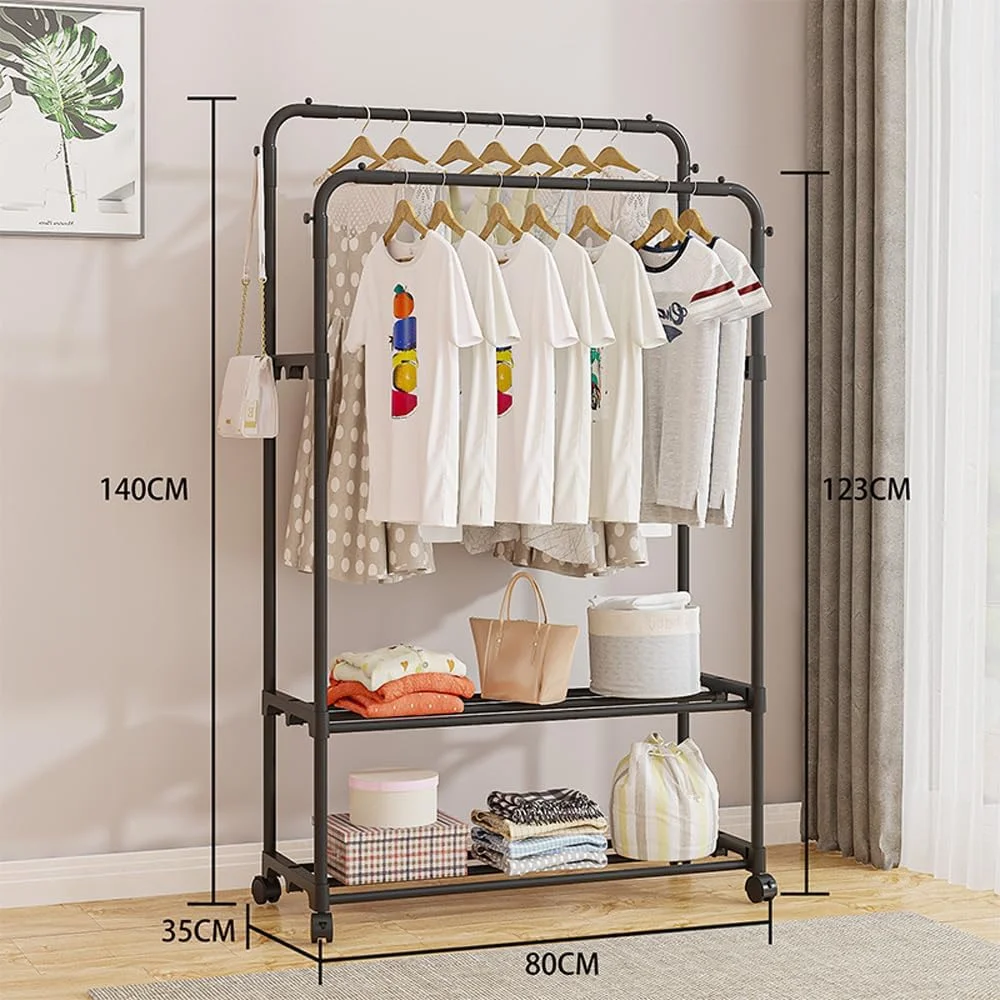 رخت آویز خانگی جمع و جور، رخت آویز چرخ دار با قابلیت قفل شدن، دو لایه فلزی برای آویزان کردن لباس، جاکفشی، دو میله، دو لایه (مشکی - 80 سانتی متر) رخت آویز خانگی جمع و جور، رخت آویز چرخ دار با قابلیت قفل شدن، دو لایه فلزی برای آویزان کردن لباس، جاکفشی، دو میله، دو لایه (مشکی - 80 سانتی متر)