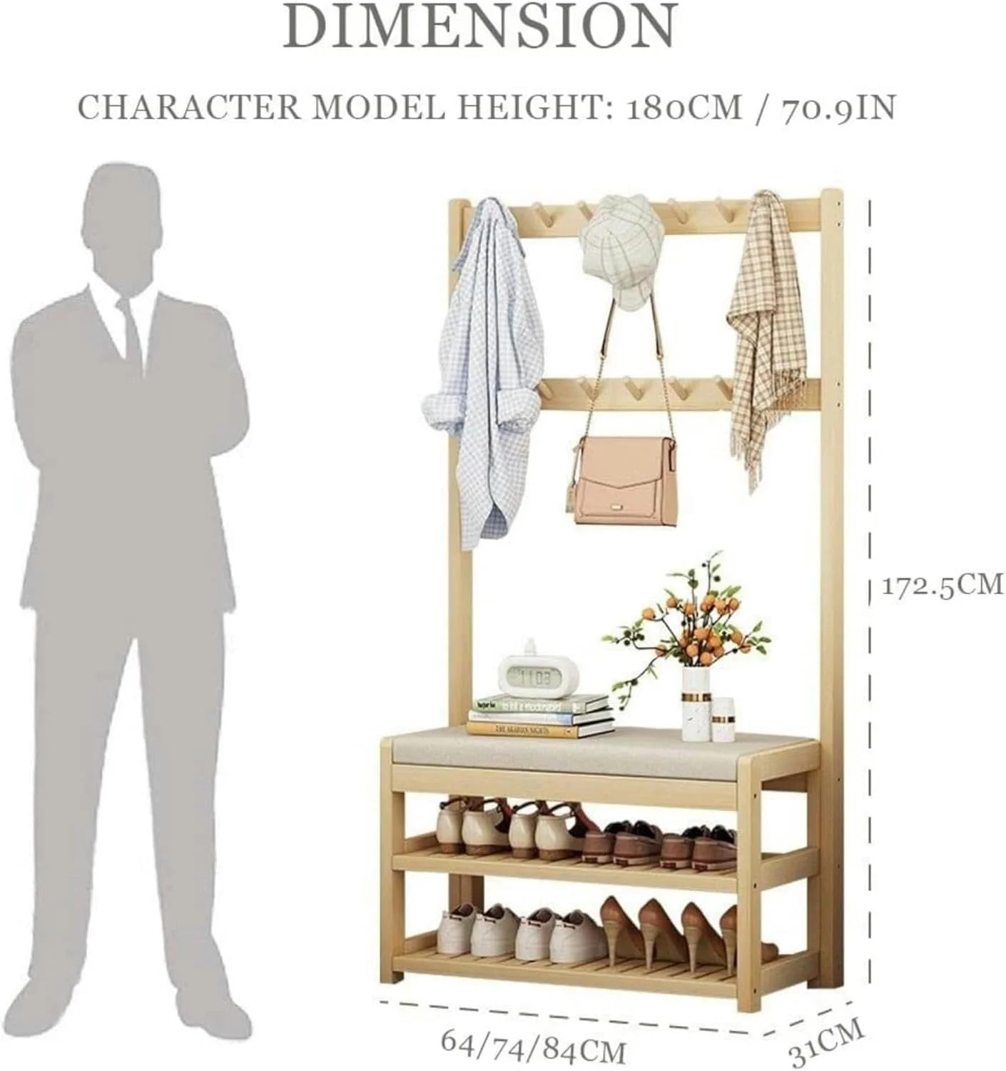 جالباسی ایستاده ۳ در ۱ مناسب ورودی، لابی، راهرو و غیره، قفسه نظم دهنده با نیمکت و ۵ قلاب دوتایی، آسان (۶۴X۳۱X۱۷۲.۵ سانتی متر) جالباسی ایستاده ۳ در ۱ مناسب ورودی، لابی، راهرو و غیره، قفسه نظم دهنده با نیمکت و ۵ قلاب دوتایی، آسان (۶۴X۳۱X۱۷۲.۵ سانتی متر)