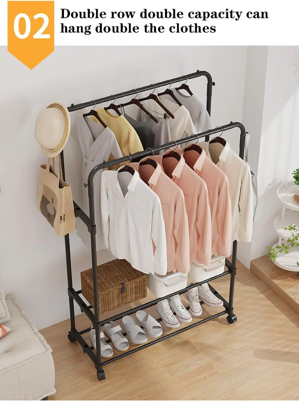 رخت آویز خانگی جمع و جور، رخت آویز چرخ دار با قابلیت قفل شدن، دو لایه فلزی برای آویزان کردن لباس، جاکفشی، دو میله، دو لایه (مشکی - 80 سانتی متر) رخت آویز خانگی جمع و جور، رخت آویز چرخ دار با قابلیت قفل شدن، دو لایه فلزی برای آویزان کردن لباس، جاکفشی، دو میله، دو لایه (مشکی - 80 سانتی متر)