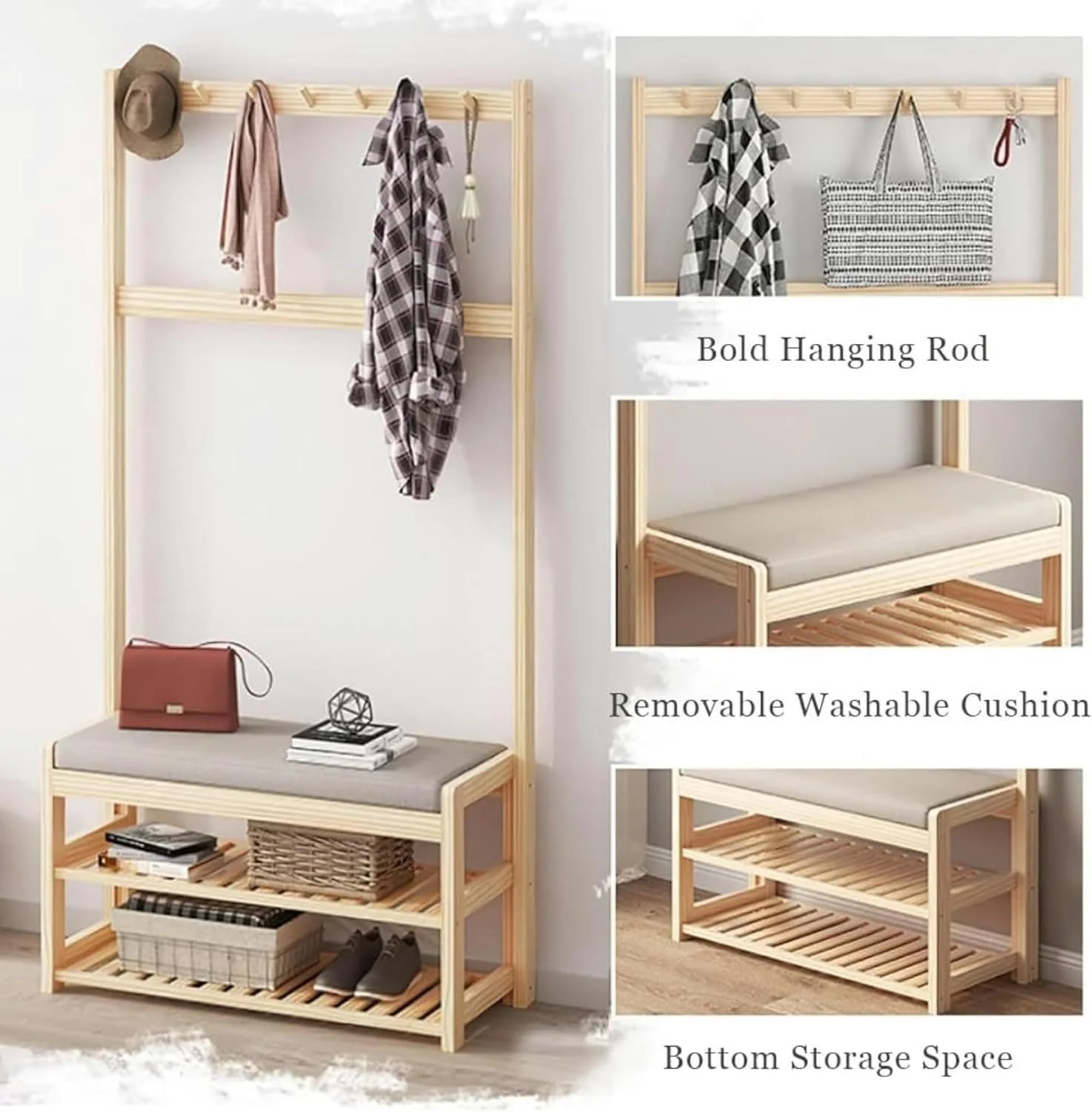 جالباسی ایستاده ۳ در ۱ مناسب ورودی، لابی، راهرو و غیره، قفسه نظم دهنده با نیمکت و ۵ قلاب دوتایی، آسان (۶۴X۳۱X۱۷۲.۵ سانتی متر) جالباسی ایستاده ۳ در ۱ مناسب ورودی، لابی، راهرو و غیره، قفسه نظم دهنده با نیمکت و ۵ قلاب دوتایی، آسان (۶۴X۳۱X۱۷۲.۵ سانتی متر)