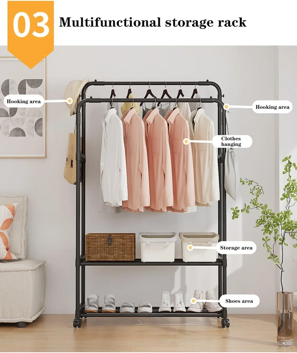 رخت آویز خانگی جمع و جور، رخت آویز چرخ دار با قابلیت قفل شدن، دو لایه فلزی برای آویزان کردن لباس، جاکفشی، دو میله، دو لایه (مشکی - 80 سانتی متر) رخت آویز خانگی جمع و جور، رخت آویز چرخ دار با قابلیت قفل شدن، دو لایه فلزی برای آویزان کردن لباس، جاکفشی، دو میله، دو لایه (مشکی - 80 سانتی متر)