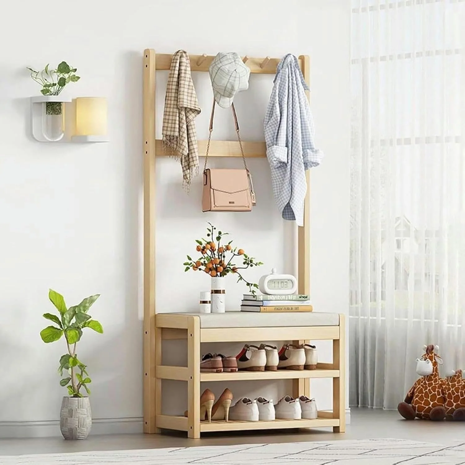 جالباسی ایستاده ۳ در ۱ مناسب ورودی، لابی، راهرو و غیره، قفسه نظم دهنده با نیمکت و ۵ قلاب دوتایی، آسان (۶۴X۳۱X۱۷۲.۵ سانتی متر) جالباسی ایستاده ۳ در ۱ مناسب ورودی، لابی، راهرو و غیره، قفسه نظم دهنده با نیمکت و ۵ قلاب دوتایی، آسان (۶۴X۳۱X۱۷۲.۵ سانتی متر)