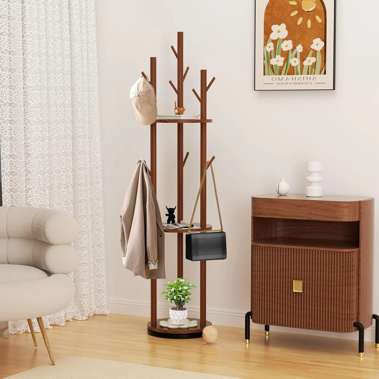 جالباسی، چرخشی، چوب جامد با 9 آویز و 3 طبقه، ارتفاع 170 سانتی متر، طرح درختی، مناسب راهرو، اتاق خواب، دفتر کار، چند منظوره (گردویی) جالباسی، چرخشی، چوب جامد با 9 آویز و 3 طبقه، ارتفاع 170 سانتی متر، طرح درختی، مناسب راهرو، اتاق خواب، دفتر کار، چند منظوره (گردویی)