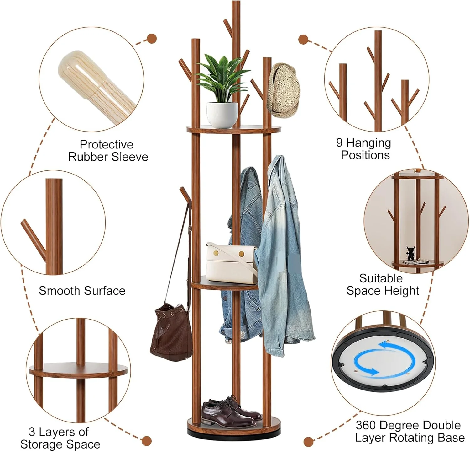جالباسی، چرخشی، چوب جامد با 9 آویز و 3 طبقه، ارتفاع 170 سانتی متر، طرح درختی، مناسب راهرو، اتاق خواب، دفتر کار، چند منظوره (گردویی) جالباسی، چرخشی، چوب جامد با 9 آویز و 3 طبقه، ارتفاع 170 سانتی متر، طرح درختی، مناسب راهرو، اتاق خواب، دفتر کار، چند منظوره (گردویی)