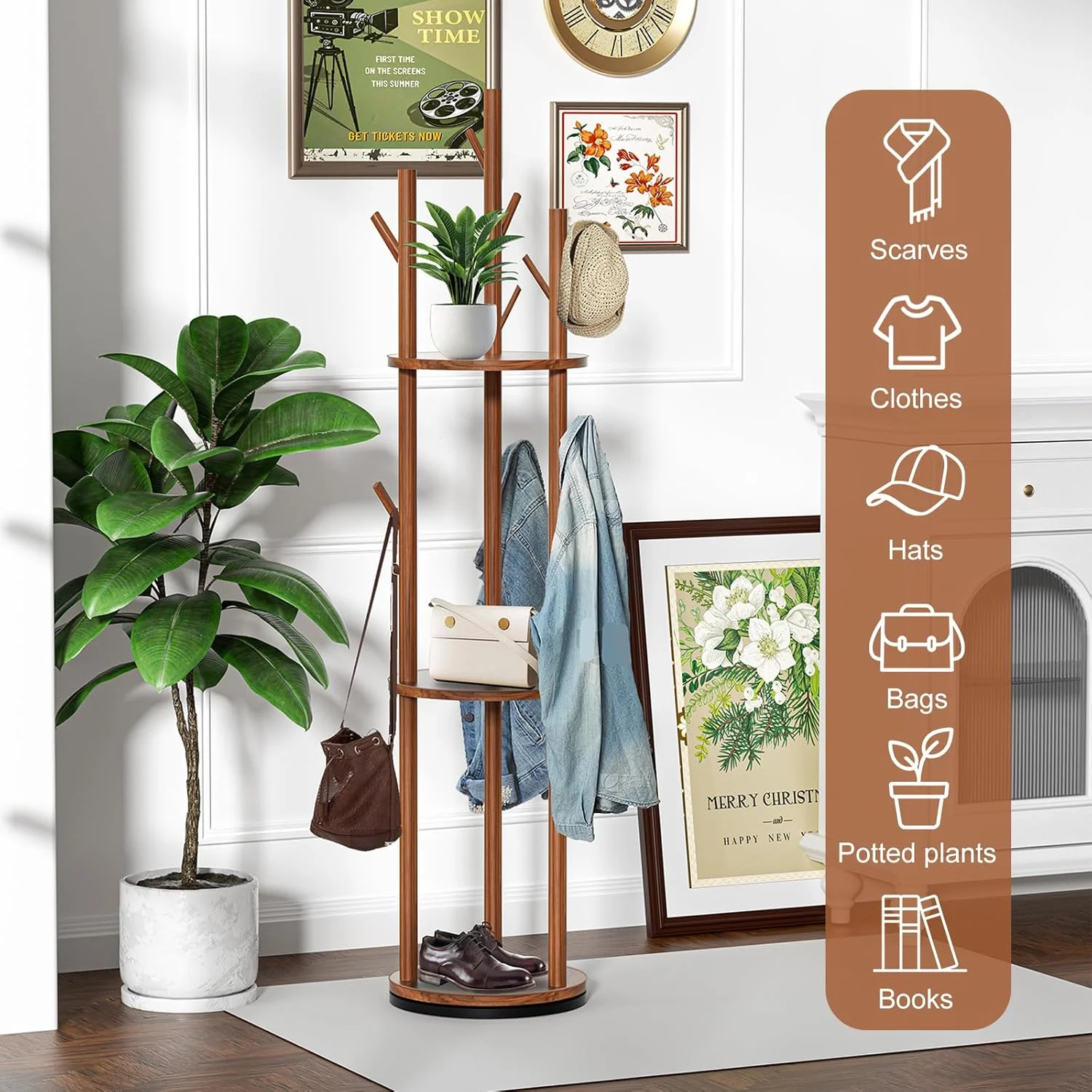 جالباسی، چرخشی، چوب جامد با 9 آویز و 3 طبقه، ارتفاع 170 سانتی متر، طرح درختی، مناسب راهرو، اتاق خواب، دفتر کار، چند منظوره (گردویی) جالباسی، چرخشی، چوب جامد با 9 آویز و 3 طبقه، ارتفاع 170 سانتی متر، طرح درختی، مناسب راهرو، اتاق خواب، دفتر کار، چند منظوره (گردویی)