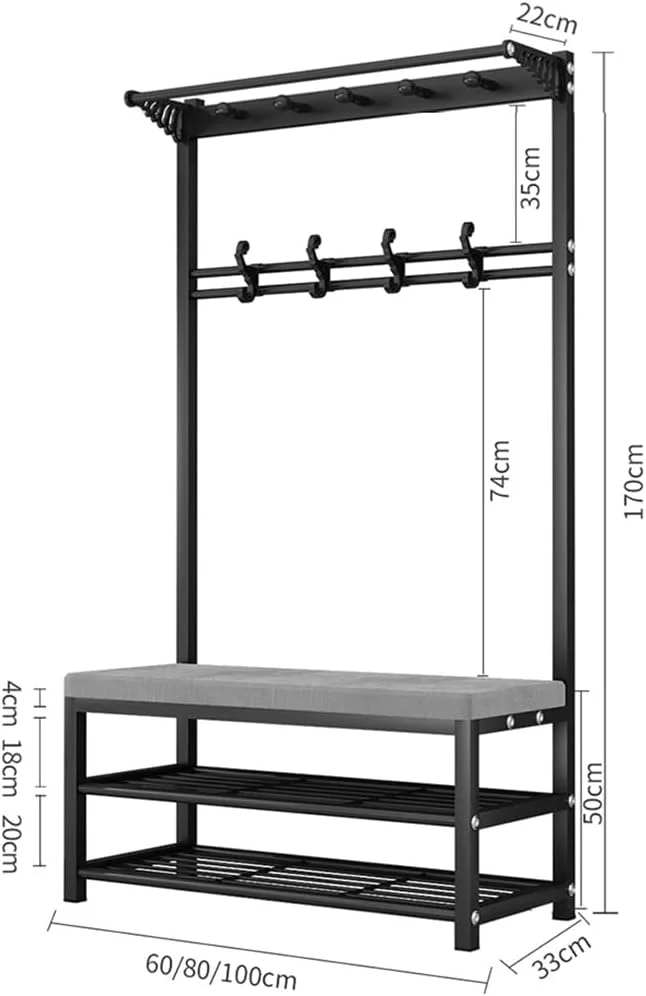 رخت آویز صنعتی 4 در 1 و نیمکت کفش مشکی و خاکستری، قفسه ذخیره سازی 2 طبقه، 4 قلاب، قاب فلزی، مبلمان ورودی چند منظوره برای خانه و دفتر (مشکی+خاکستری-60 * 33 * 170 سانتی متر)