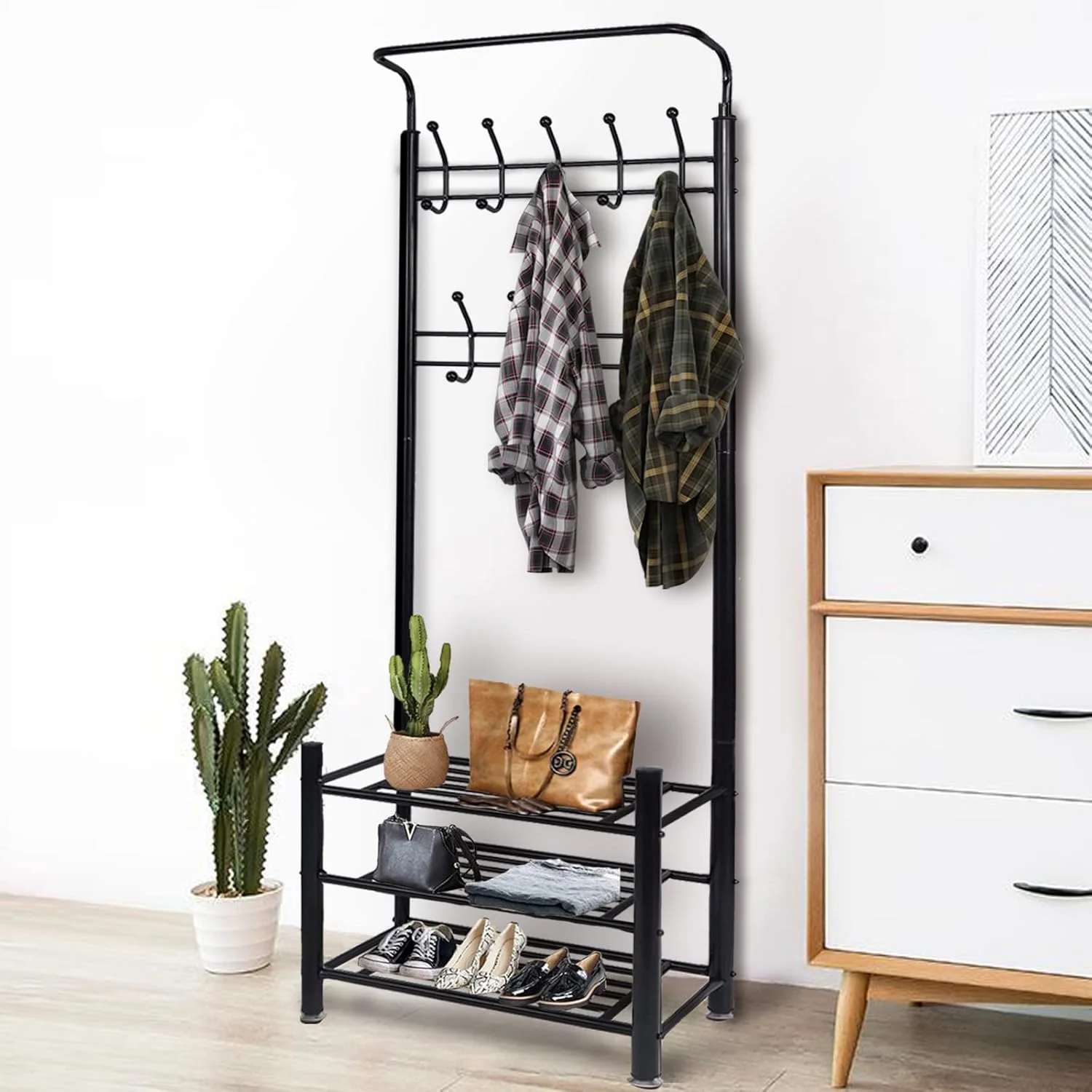 جالباسی ایستاده با 18 آویز و 3 طبقه قفسه، مناسب برای ورودی، گوشه، راهرو، سازماندهی لباس، مشکی