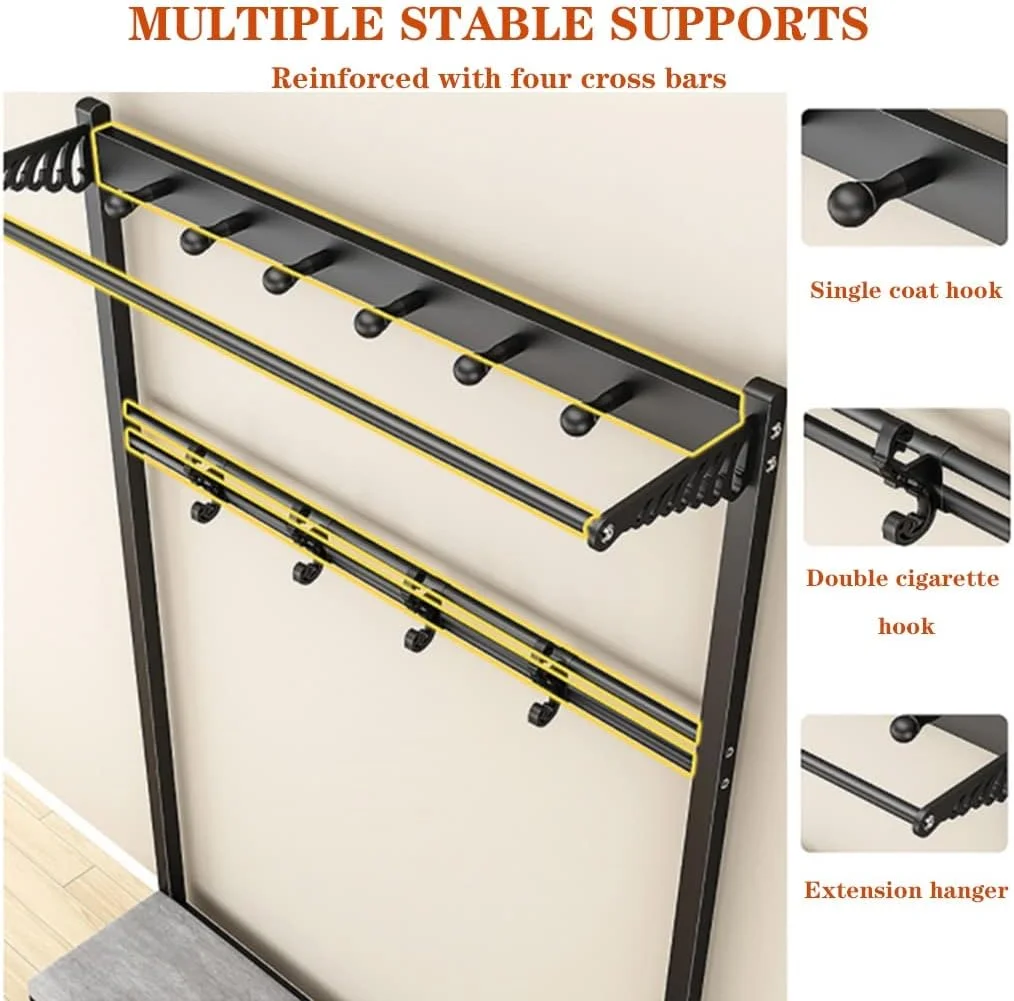 رخت آویز صنعتی 4 در 1 و نیمکت کفش مشکی و خاکستری، قفسه ذخیره سازی 2 طبقه، 4 قلاب، قاب فلزی، مبلمان ورودی چند منظوره برای خانه و دفتر (مشکی+خاکستری-60 * 33 * 170 سانتی متر)