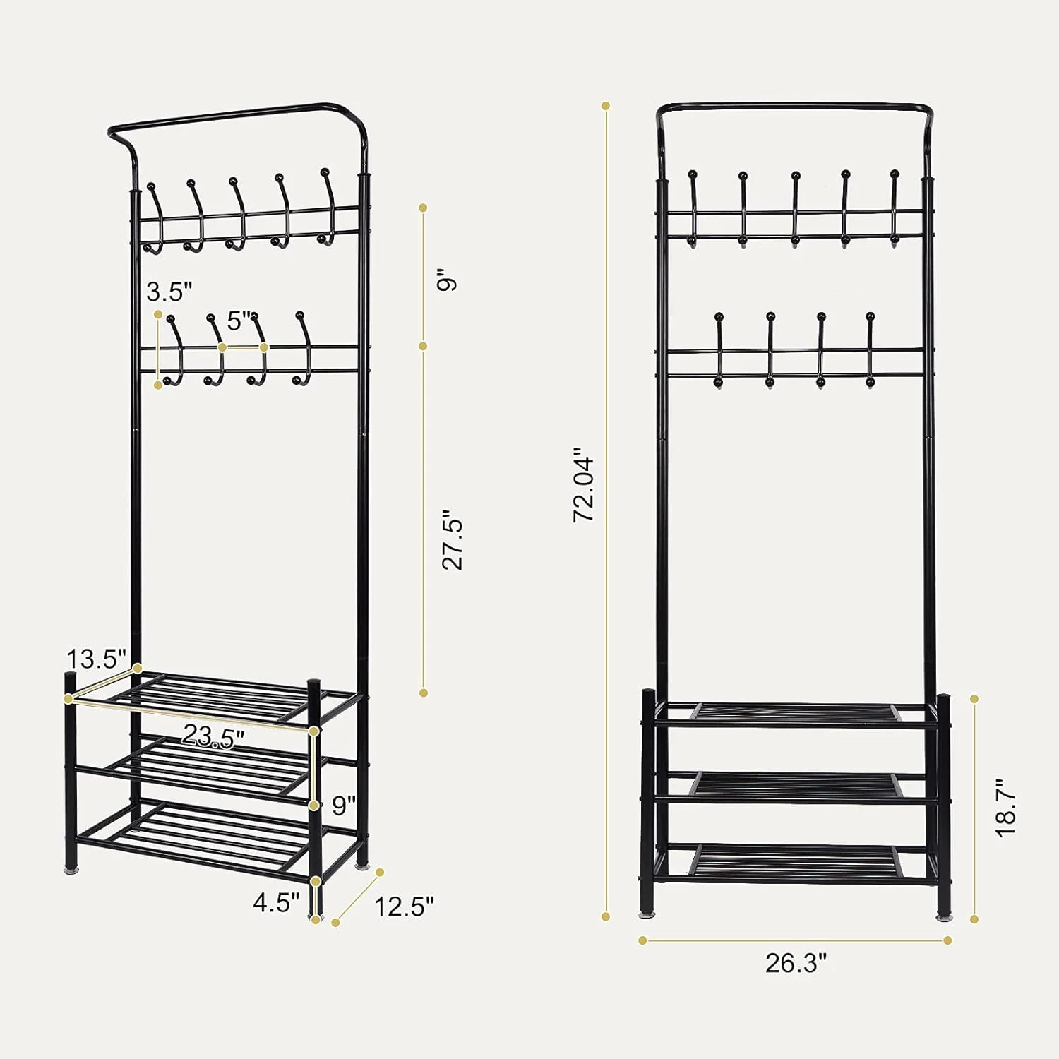جالباسی ایستاده با 18 آویز و 3 طبقه قفسه، مناسب برای ورودی، گوشه، راهرو، سازماندهی لباس، مشکی