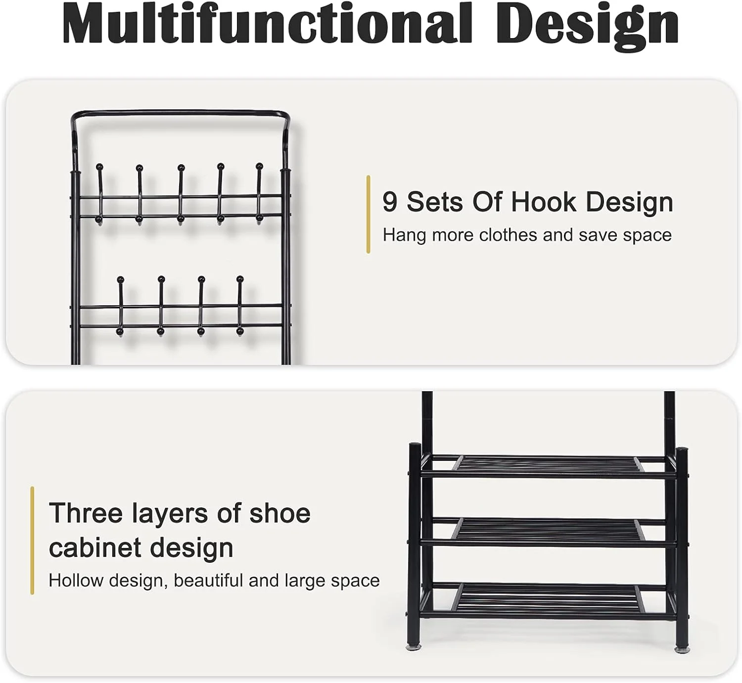 جالباسی ایستاده با 18 آویز و 3 طبقه قفسه، مناسب برای ورودی، گوشه، راهرو، سازماندهی لباس، مشکی