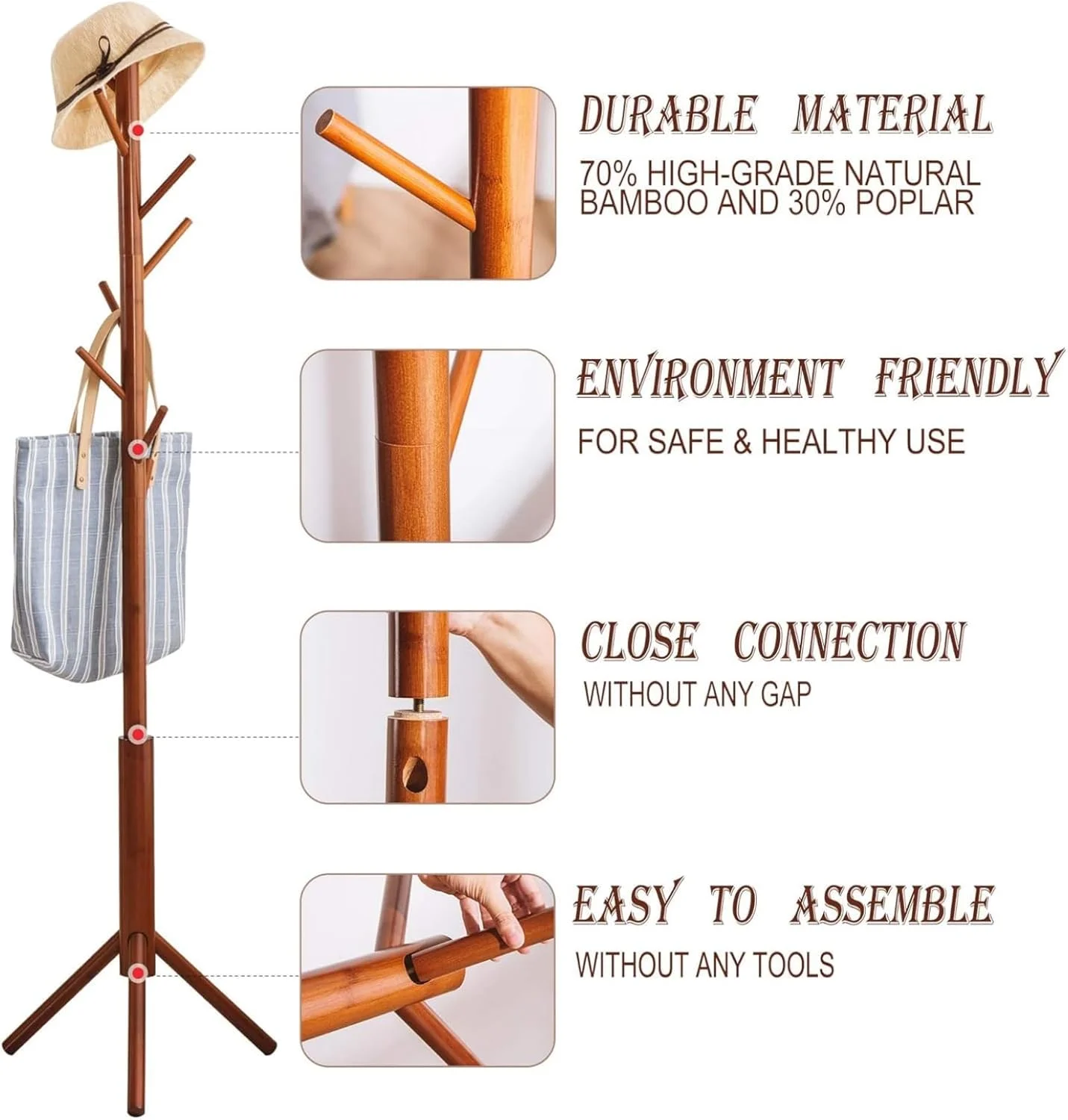 چوب لباسی ایستاده بامبو، چوب لباسی درختی با 8 آویز، 3 گزینه ارتفاع، برای لباس، کلاه، کیف، برای اتاق نشیمن، اتاق خواب، دفتر کار خانگی (مدرن، گردویی تیره)
