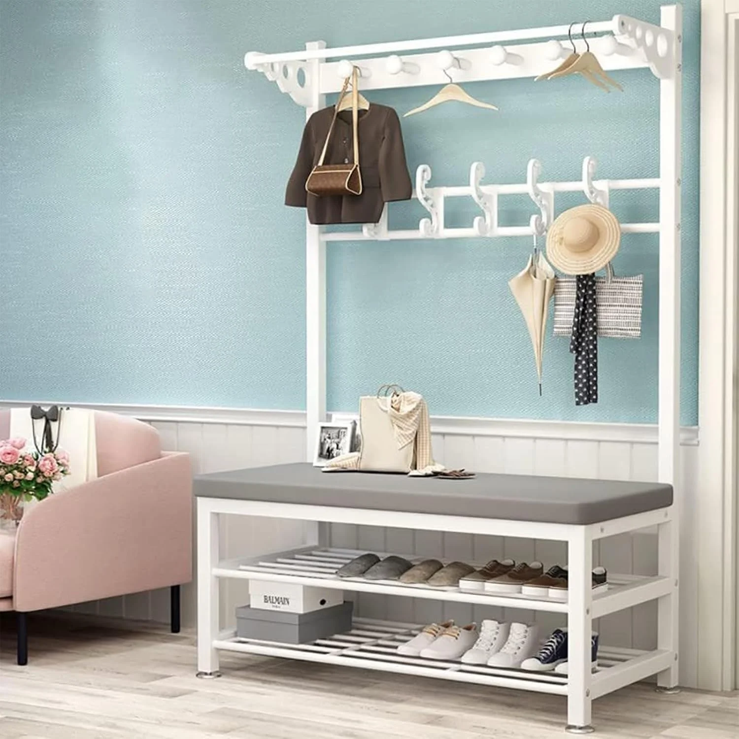 نیمکت ورودی با رخت آویز صنعتی، دارای قفسه و استند کلاه و پالتو، مناسب فضاهای کوچک با نصب آسان (C-60Cm)