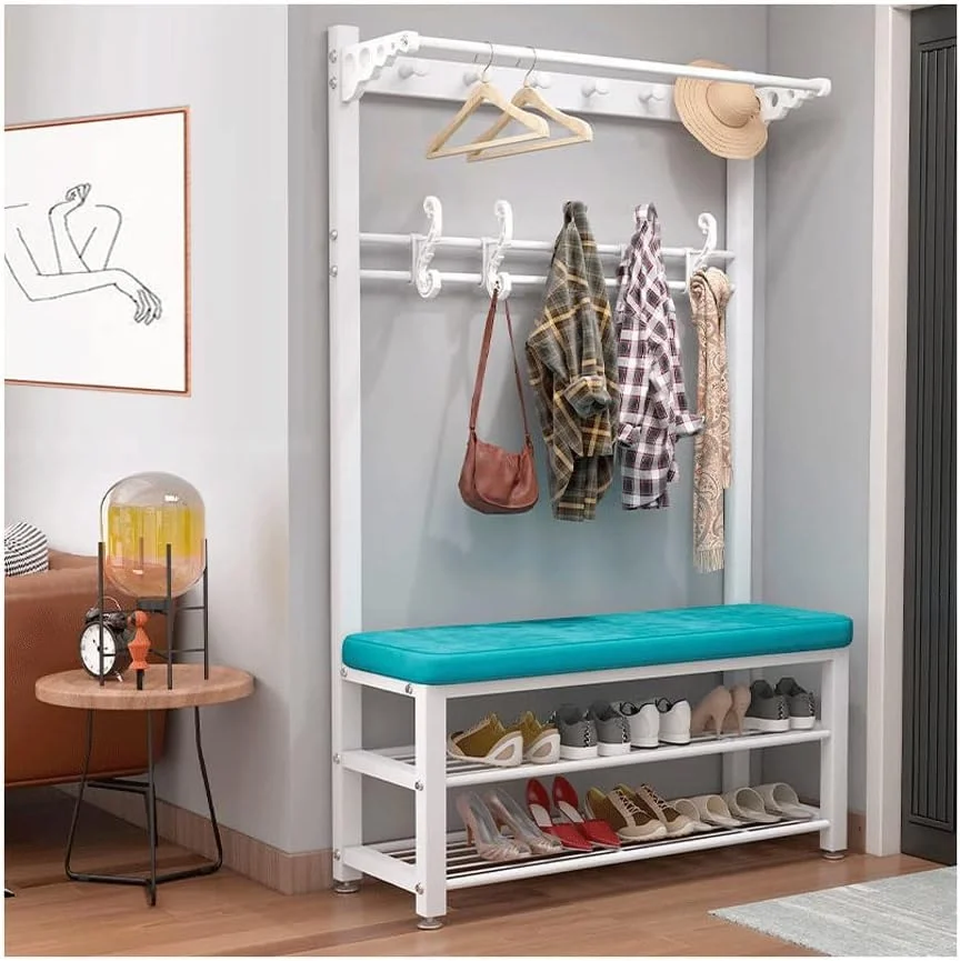 ریل لباس فلزی صنعتی با قلاب، رخت آویز ورودی، نیمکت کفش، ارگنایزر ذخیره سازی 3 در 1 با قفسه، قلاب، قاب فلزی برای راهرو، اتاق خواب، حمام، سفید آبی، 100x33x172 سانتی متر