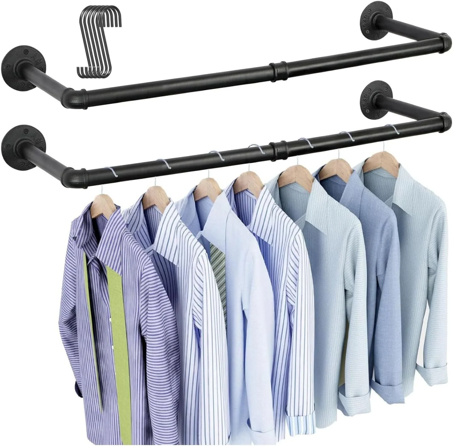 ست دو عددی رخت آویز لوله صنعتی دیواری، میله آویز لباس لوله آهنی سنگین 36.4 اینچی، میله آویز لباس چند منظوره برای اتاق لباسشویی و نگهداری کمد (2) (دو عدد (مشکی))
