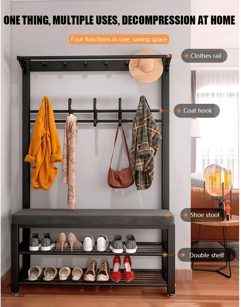 ریل لباس فلزی صنعتی با قلاب، رخت آویز ورودی، نیمکت کفش، ارگنایزر ذخیره سازی 3 در 1 با قفسه، قلاب، قاب فلزی برای راهرو، اتاق خواب، حمام، سفید آبی، 100x33x172 سانتی متر