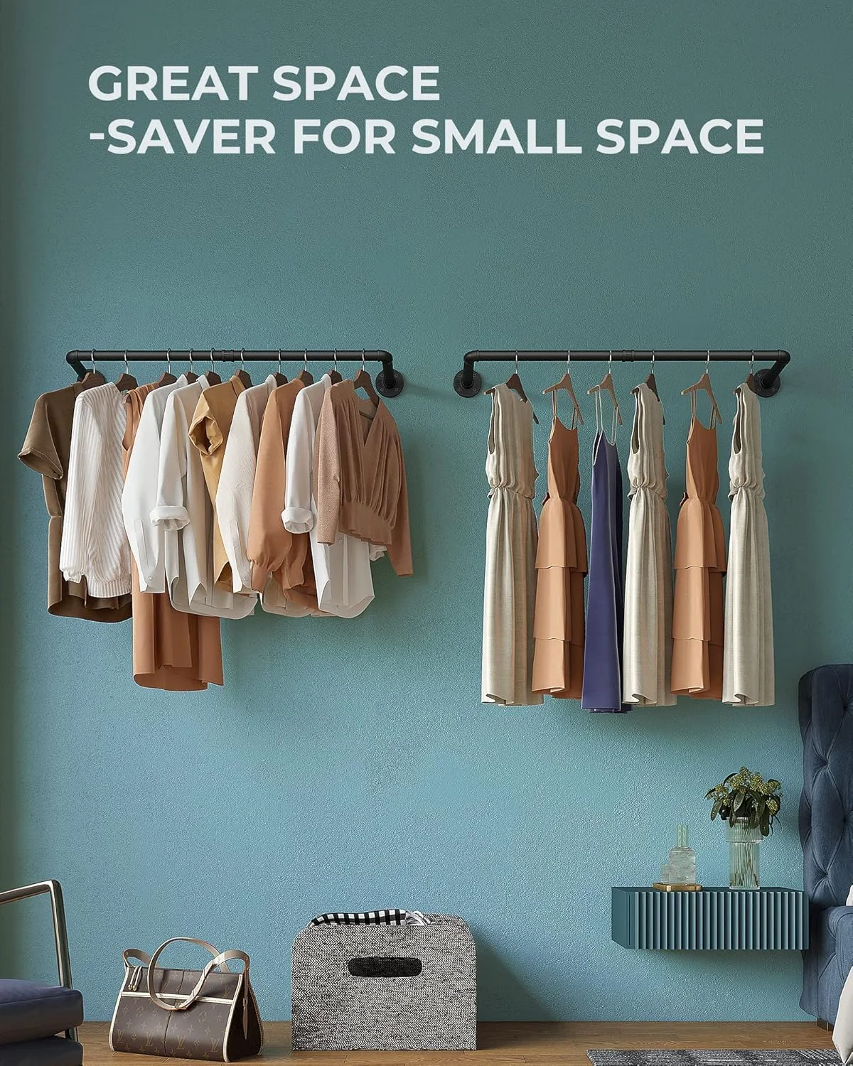 ست دو عددی رخت آویز لوله صنعتی دیواری، میله آویز لباس لوله آهنی سنگین 36.4 اینچی، میله آویز لباس چند منظوره برای اتاق لباسشویی و نگهداری کمد (2) (دو عدد (مشکی))