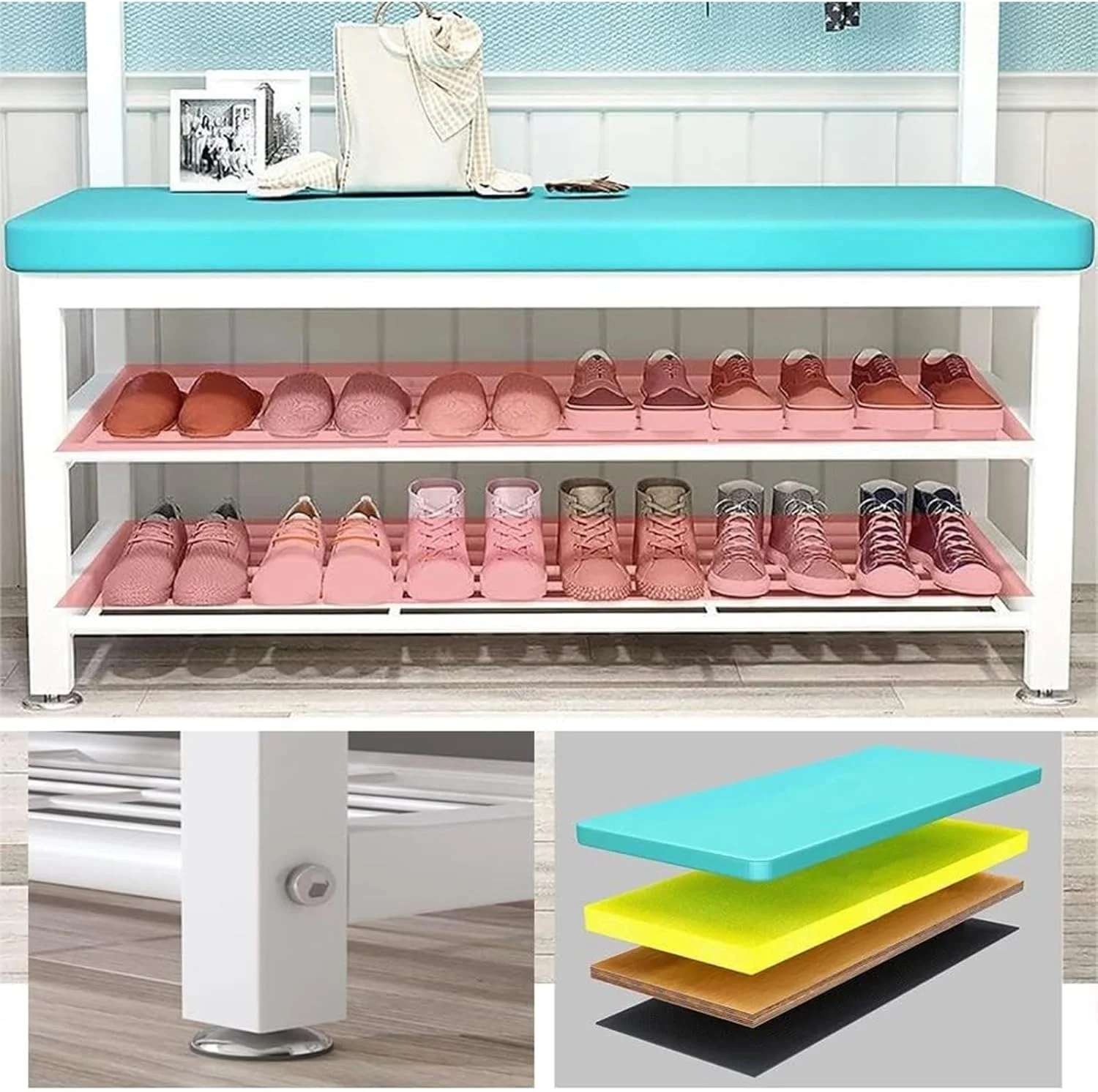 نیمکت ورودی با رخت آویز صنعتی، دارای قفسه و استند کلاه و پالتو، مناسب فضاهای کوچک با نصب آسان (C-60Cm)