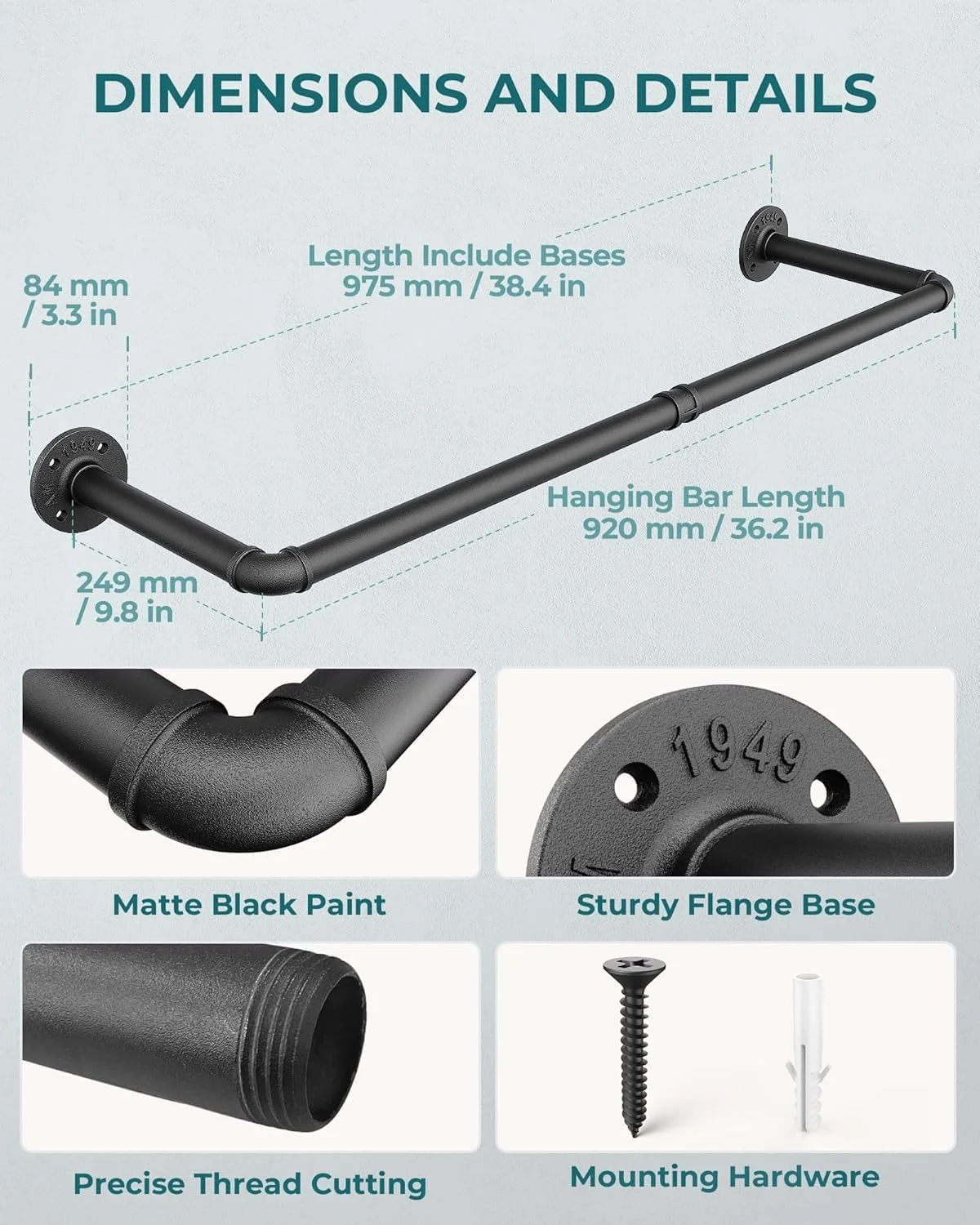 ست دو عددی رخت آویز لوله صنعتی دیواری، میله آویز لباس لوله آهنی سنگین 36.4 اینچی، میله آویز لباس چند منظوره برای اتاق لباسشویی و نگهداری کمد (2) (دو عدد (مشکی))