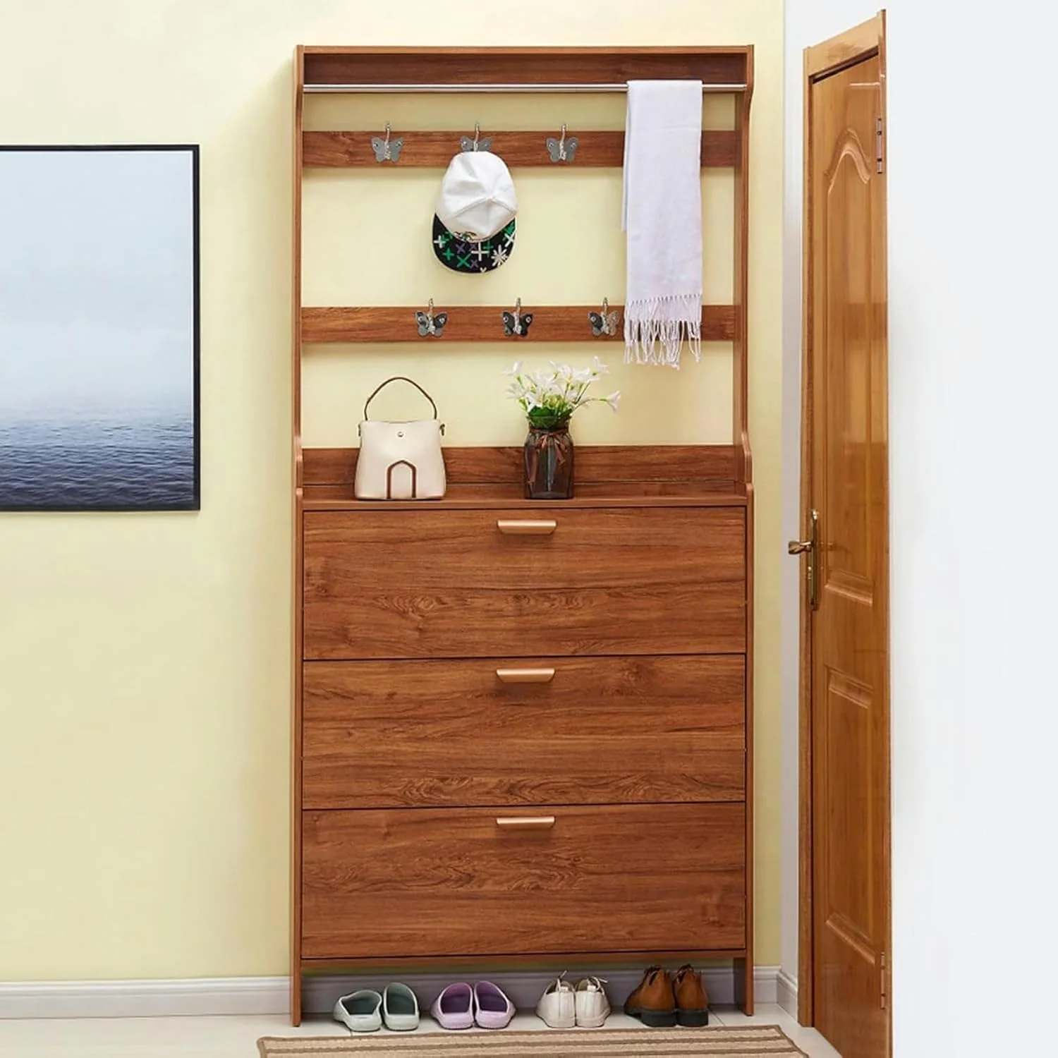 جالباسی چوبی Porkgo با فضای نگهداری کفش، سازمان دهنده مستقل برای ورودی با جاکفشی و آویز، قفسه ذخیره سازی 3 در 1 برای راهرو، ورودی و اتاق نشیمن (D-80X17X208Cm)