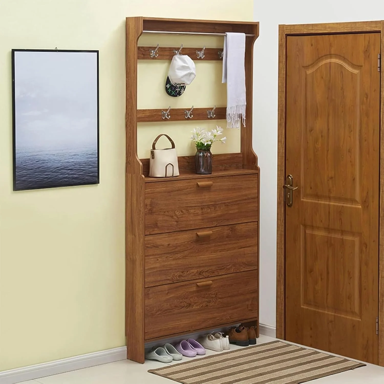 جالباسی دیواری با قفسه و محل نگهداری کفش، نظم دهنده ورودی مستقل با آویز، جاکفشی و محلی برای نگهداری وسایل در ورودی و راهرو. (D-65X17X208Cm)