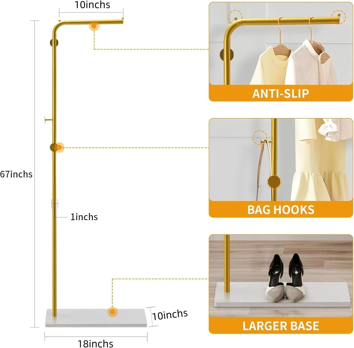 جالباسی ایستاده فلزی Kameety، ارتفاع 170 سانتی‌متر، دارای 3 آویز، پایه سنگین، جالباسی مدرن برای کت، شلوار، پیراهن و لباس (طلایی)