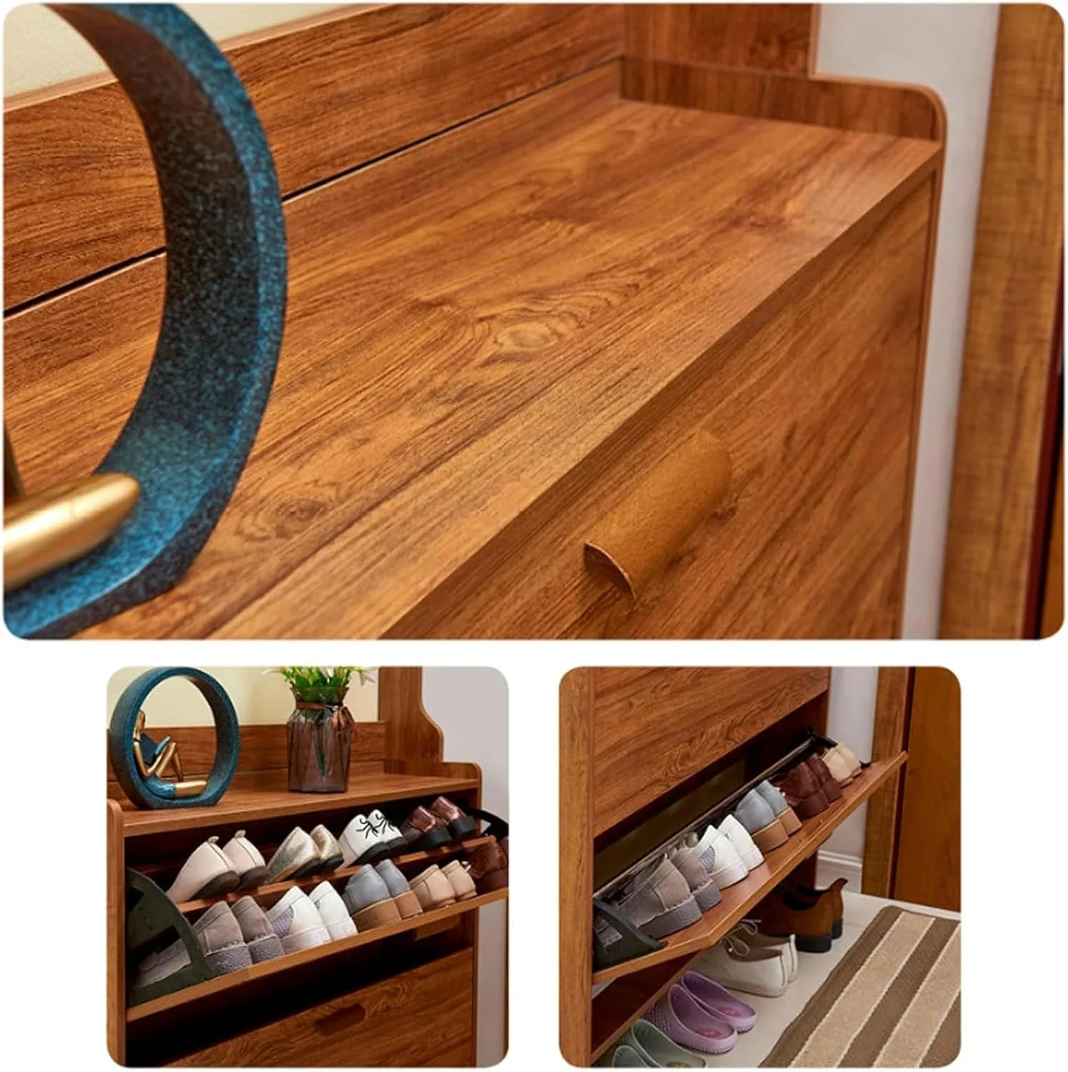 جالباسی چوبی Porkgo با فضای نگهداری کفش، سازمان دهنده مستقل برای ورودی با جاکفشی و آویز، قفسه ذخیره سازی 3 در 1 برای راهرو، ورودی و اتاق نشیمن (D-80X17X208Cm)