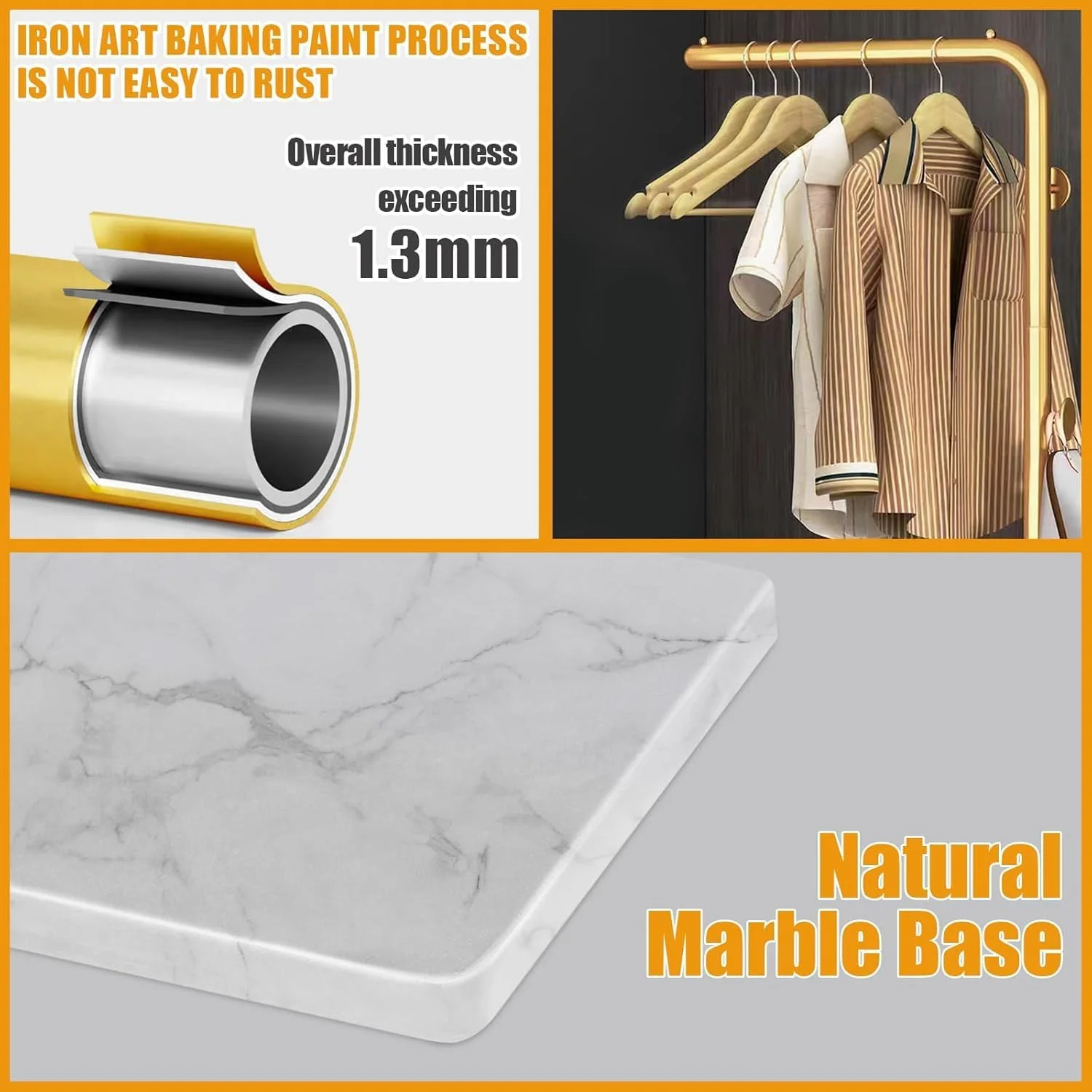 جالباسی ایستاده فلزی Kameety، ارتفاع 170 سانتی‌متر، دارای 3 آویز، پایه سنگین، جالباسی مدرن برای کت، شلوار، پیراهن و لباس (طلایی)