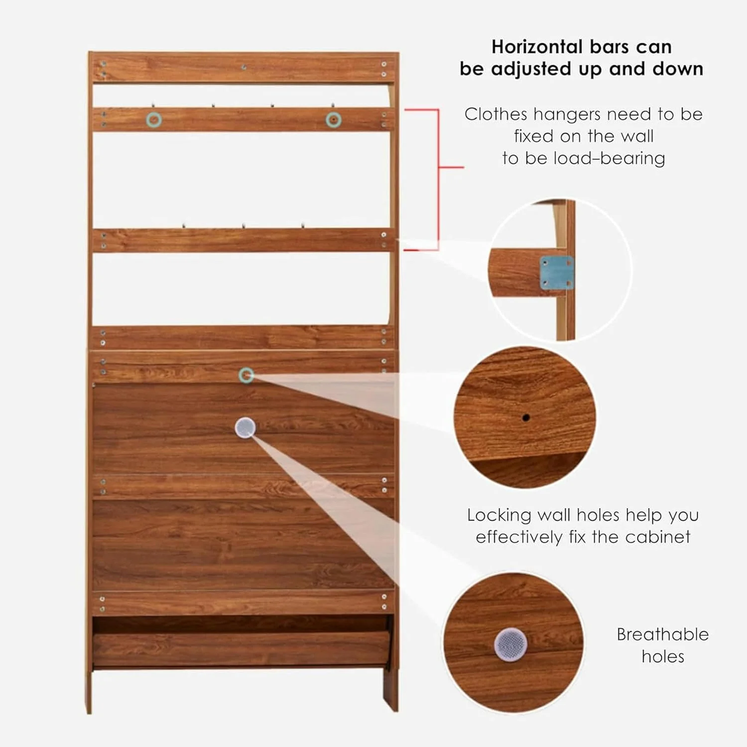 جالباسی چوبی Porkgo با فضای نگهداری کفش، سازمان دهنده مستقل برای ورودی با جاکفشی و آویز، قفسه ذخیره سازی 3 در 1 برای راهرو، ورودی و اتاق نشیمن (D-80X17X208Cm)