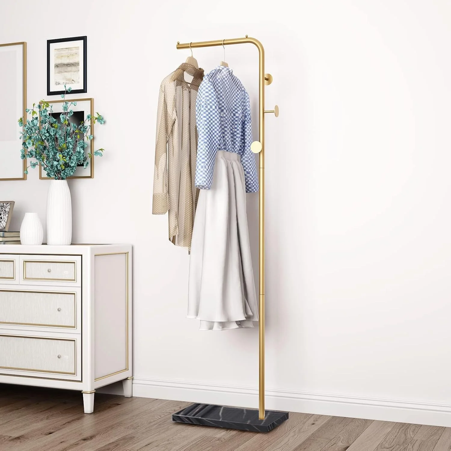 جالباسی فلزی جورانب با قلاب و پایه ثابت، جالباسی مدرن با میله افقی، آویز لباس ایستاده، مناسب برای ورودی راهرو ایوان (بزرگ، طلایی)