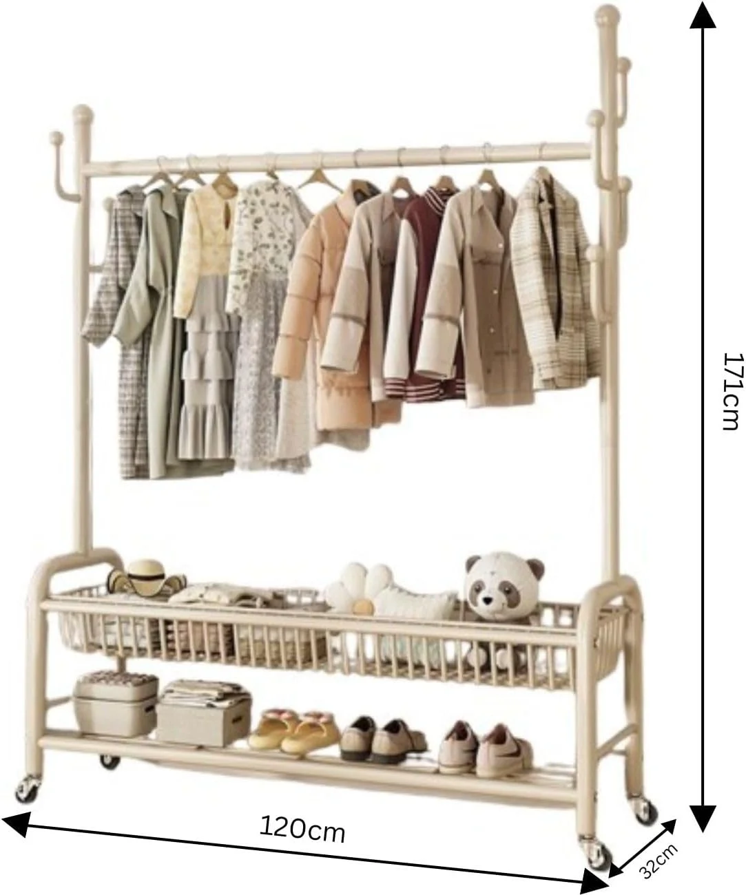 رگال لباس چند طبقه JANNAH با سبد ذخیره سازی و قفسه کفش، رگال ایستاده لباس با قلاب و چرخ، سازمان دهنده لباس فلزی مدرن برای ورودی، اتاق خواب، راهرو (سفید)