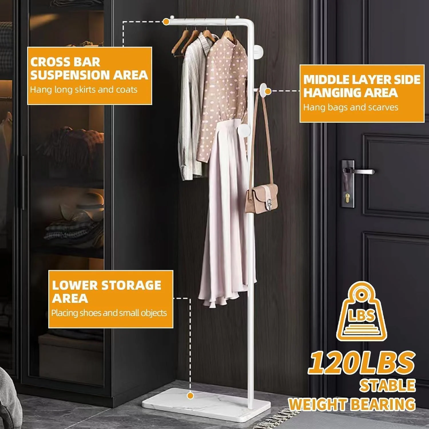 جالباسی فلزی جورانب با قلاب و پایه ثابت، جالباسی مدرن با میله افقی، آویز لباس ایستاده، مناسب برای ورودی راهرو ایوان (بزرگ، طلایی)