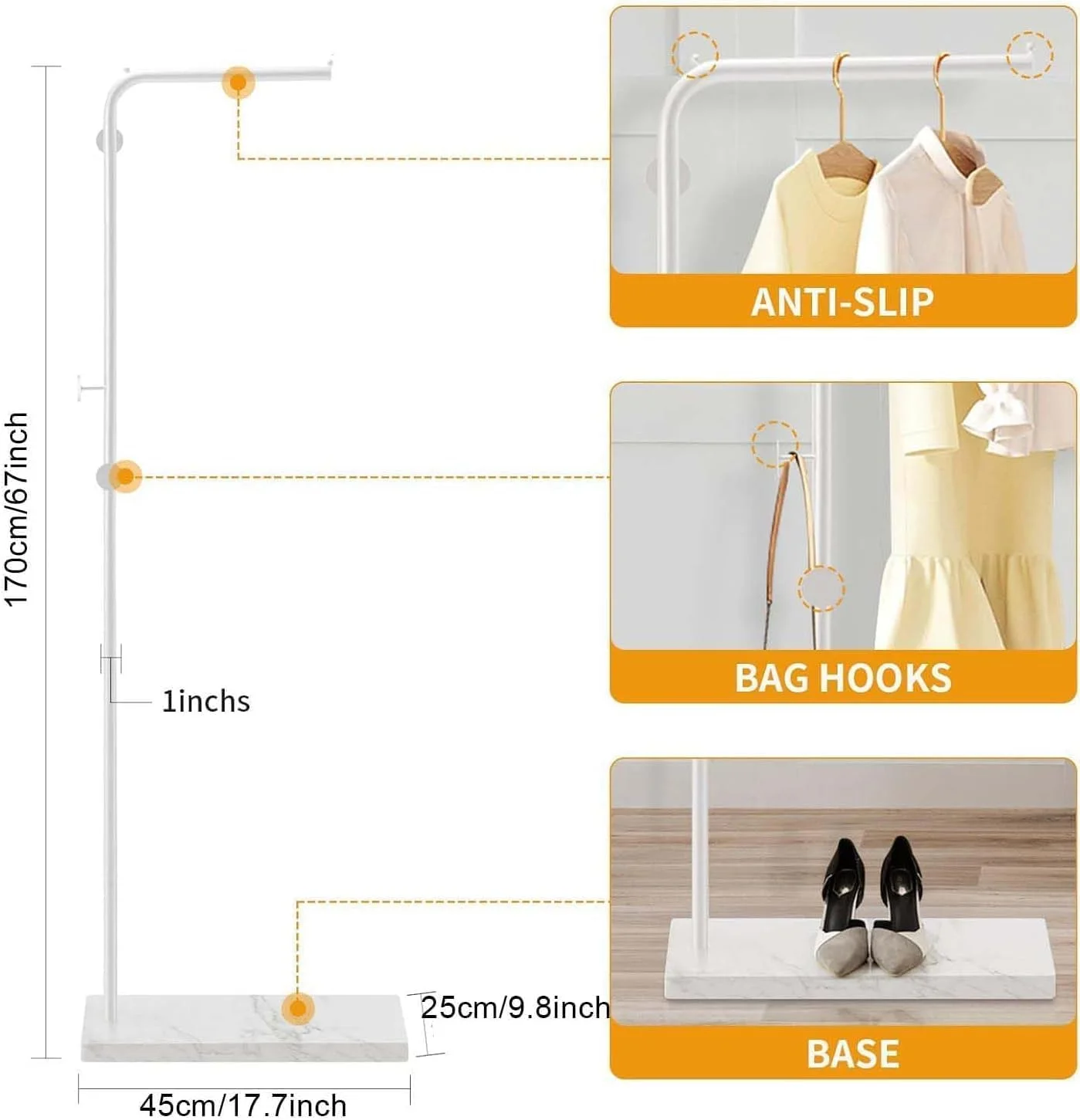 جالباسی فلزی جورانب با قلاب و پایه ثابت، جالباسی مدرن با میله افقی، آویز لباس ایستاده، مناسب برای ورودی راهرو ایوان (بزرگ، طلایی)