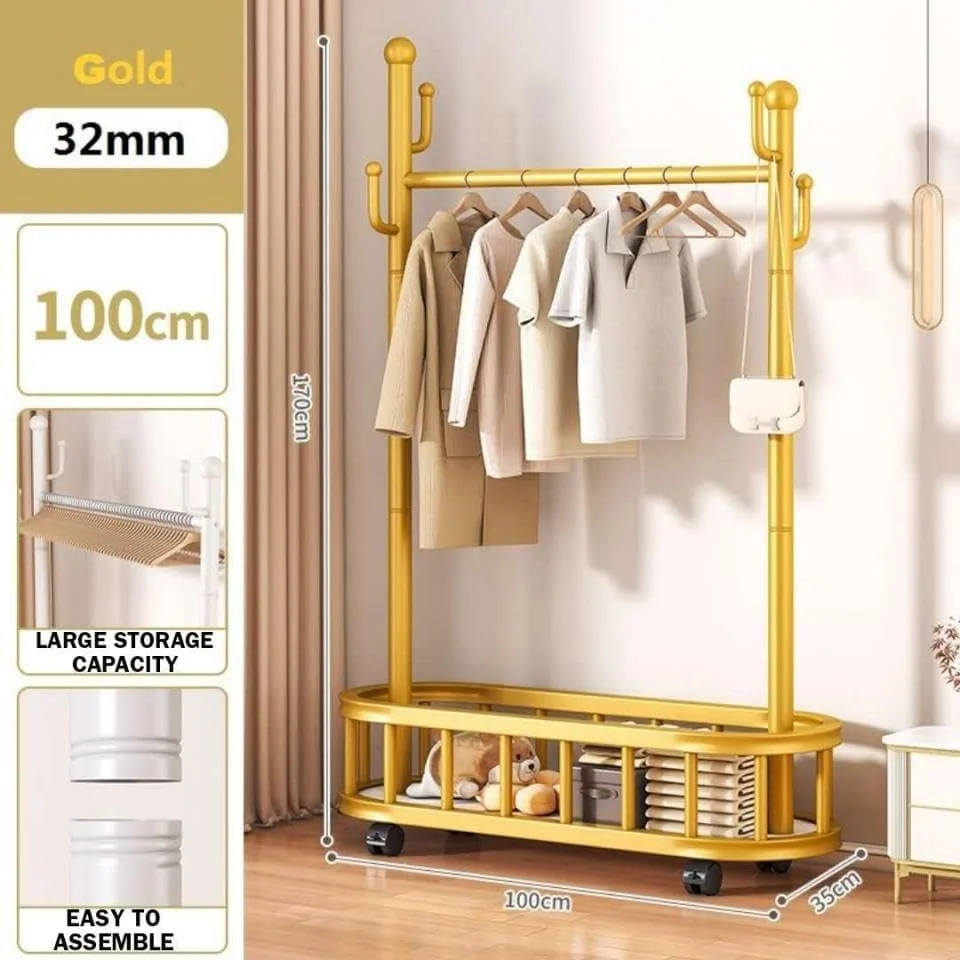 رگال لباس گوشه ای JANNAH با سبد ذخیره سازی و قلاب، سازمان دهنده کمد لباس صرفه جویی در فضا برای اتاق خواب و ورودی (طلایی - 170 * 100 * 35 سانتی متر)