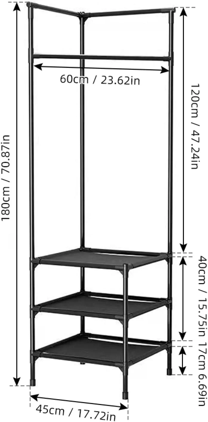 رگال لباس گوشه ای Joleritc، سازمان دهنده گوشه ای صنعتی با قفسه 3 طبقه برای اتاق خواب، رختشورخانه، ورودی، اتاق نشیمن، دفتر کار، مشکی