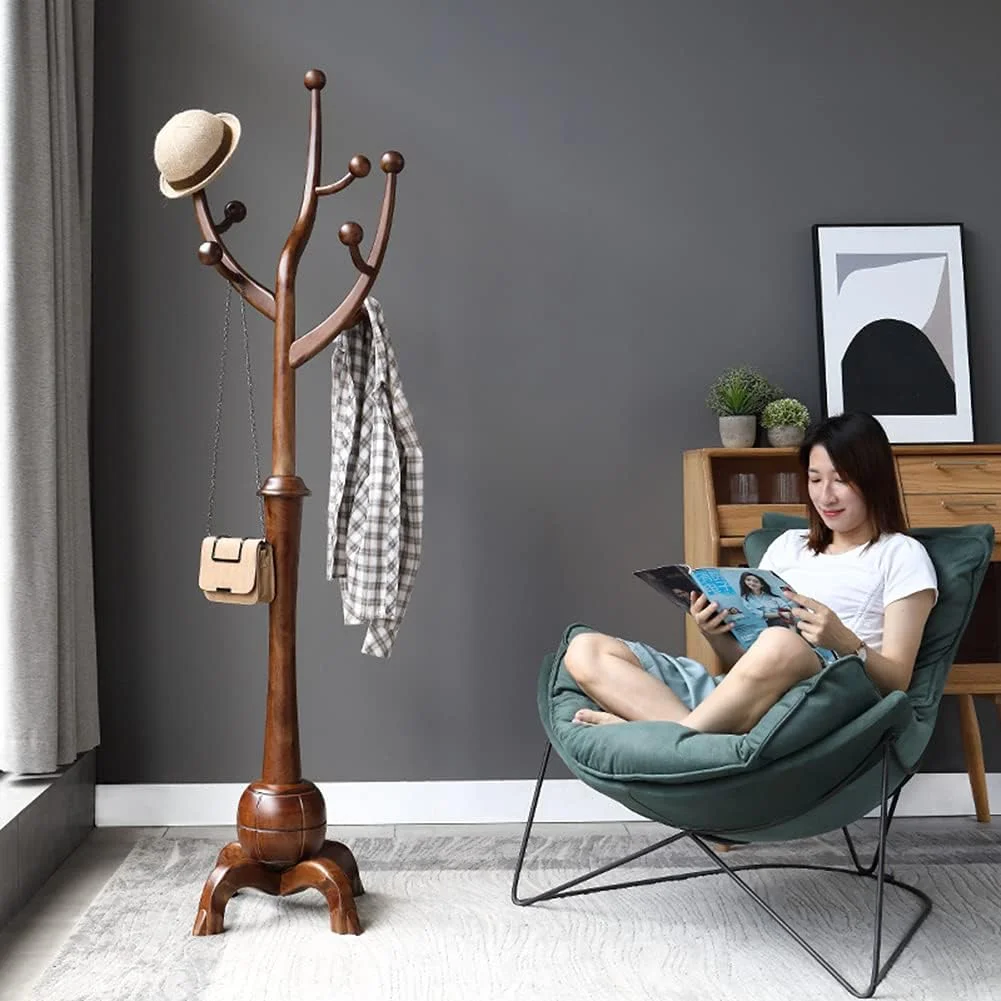 چوب لباسی ایستاده بلوطی، آویز لباس چوبی جامد با 8 آویز، نصب آسان برای لباس، کت و شلوار، لوازم جانبی در راهرو، ورودی، خانه، دفتر