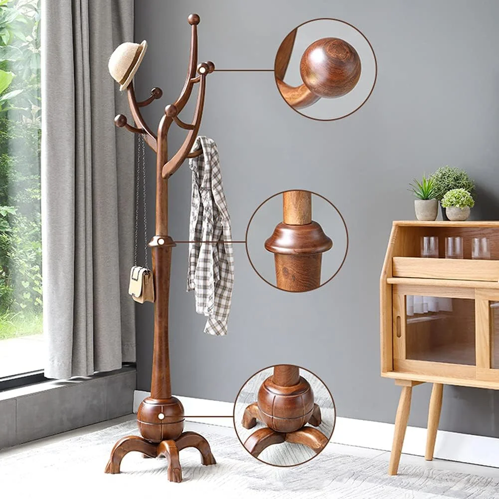 چوب لباسی ایستاده بلوطی، آویز لباس چوبی جامد با 8 آویز، نصب آسان برای لباس، کت و شلوار، لوازم جانبی در راهرو، ورودی، خانه، دفتر