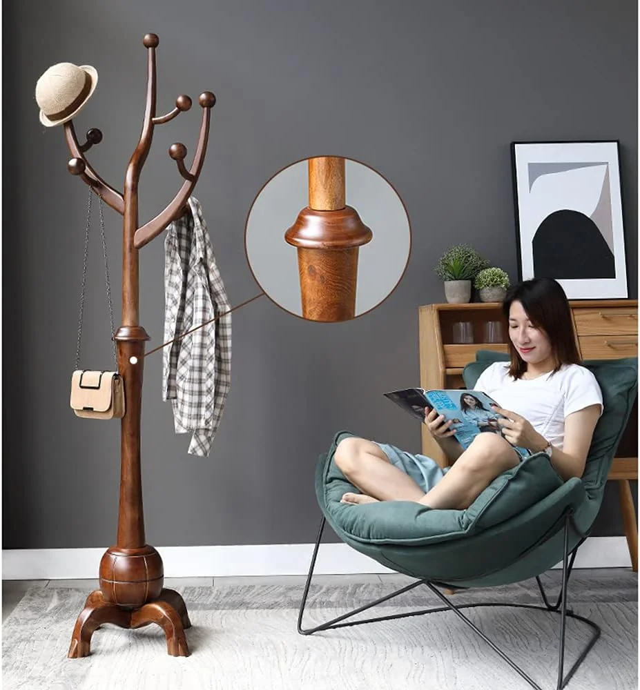 چوب لباسی ایستاده بلوطی، آویز لباس چوبی جامد با 8 آویز، نصب آسان برای لباس، کت و شلوار، لوازم جانبی در راهرو، ورودی، خانه، دفتر