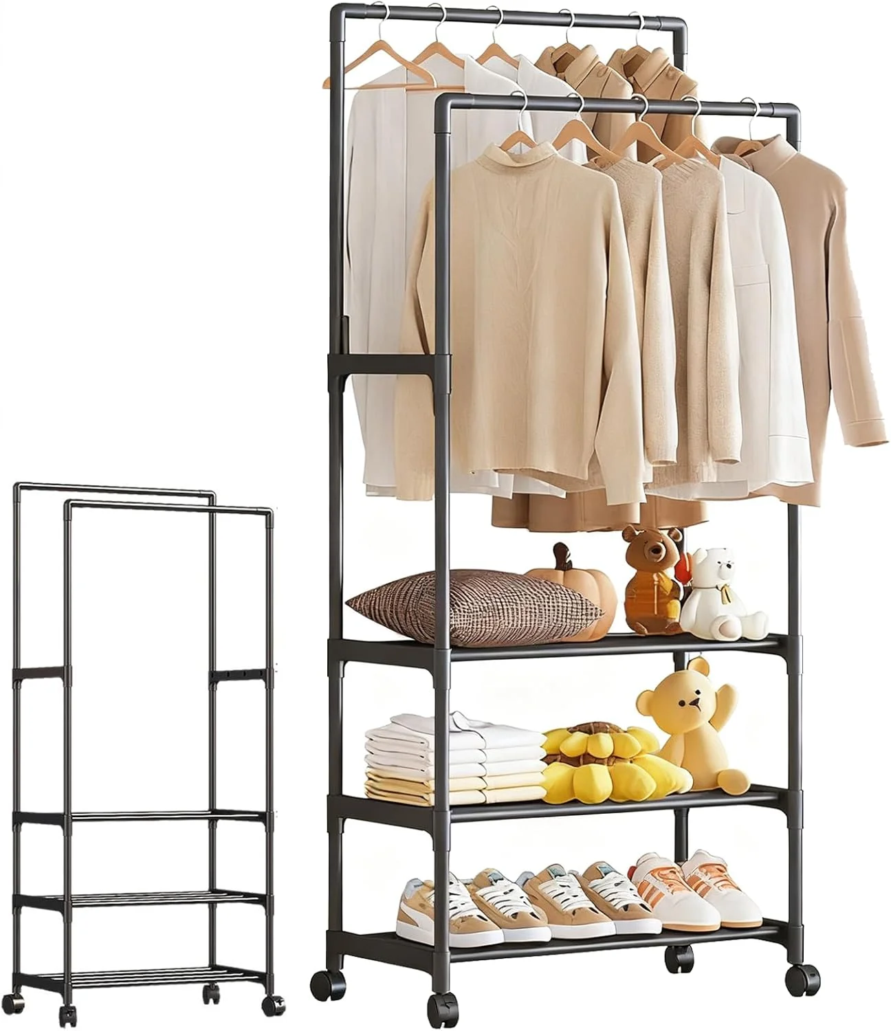 رگال لباس KUKUMAJI، رگال آویز لباس دو میله ای، استند سازمان دهنده لباس سنگین، استوریج چند منظوره با چرخ برای پیراهن، لباس، اتاق خواب، کمد، رختکن رگال لباس KUKUMAJI، رگال آویز لباس دو میله ای، استند سازمان دهنده لباس سنگین، استوریج چند منظوره با چرخ برای پیراهن، لباس، اتاق خواب، کمد، رختکن