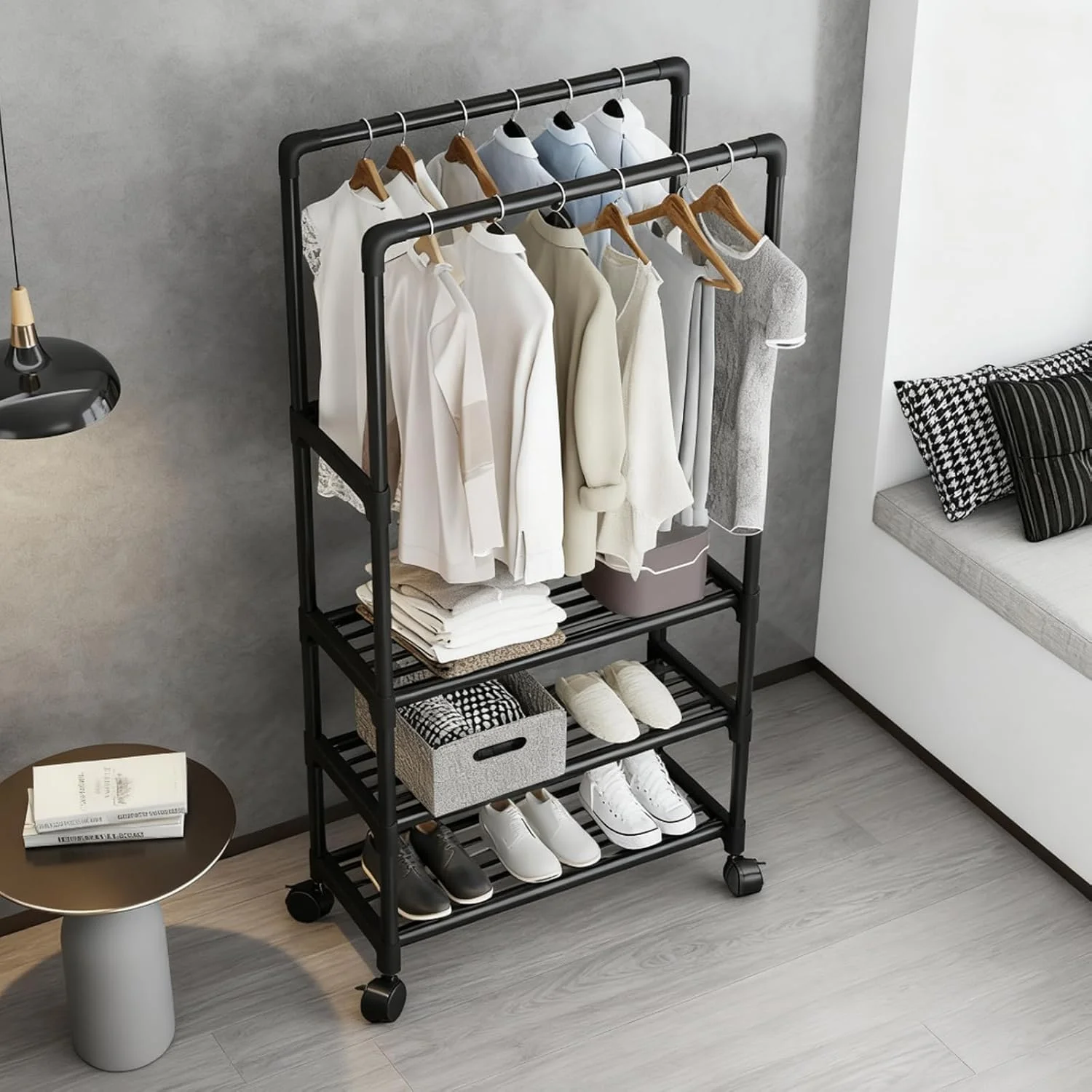 رگال لباس KUKUMAJI، رگال آویز لباس دو میله ای، استند سازمان دهنده لباس سنگین، استوریج چند منظوره با چرخ برای پیراهن، لباس، اتاق خواب، کمد، رختکن رگال لباس KUKUMAJI، رگال آویز لباس دو میله ای، استند سازمان دهنده لباس سنگین، استوریج چند منظوره با چرخ برای پیراهن، لباس، اتاق خواب، کمد، رختکن