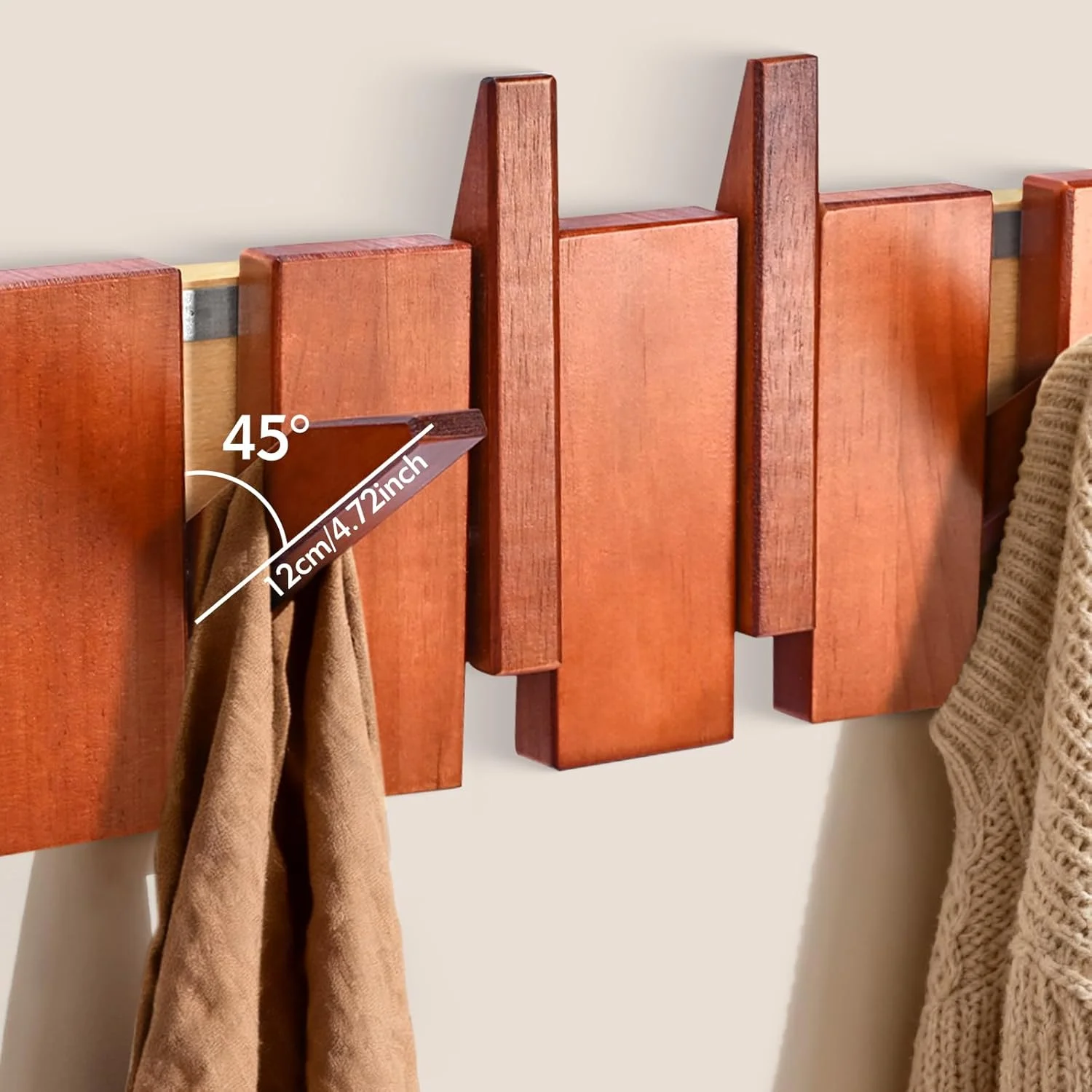 چوب لباسی دیواری کلوتسکی، چوب لباسی مدرن با 7 قلاب تاشو چوبی، چوب لباسی چوبی برای ورودی، اتاق خواب، حمام