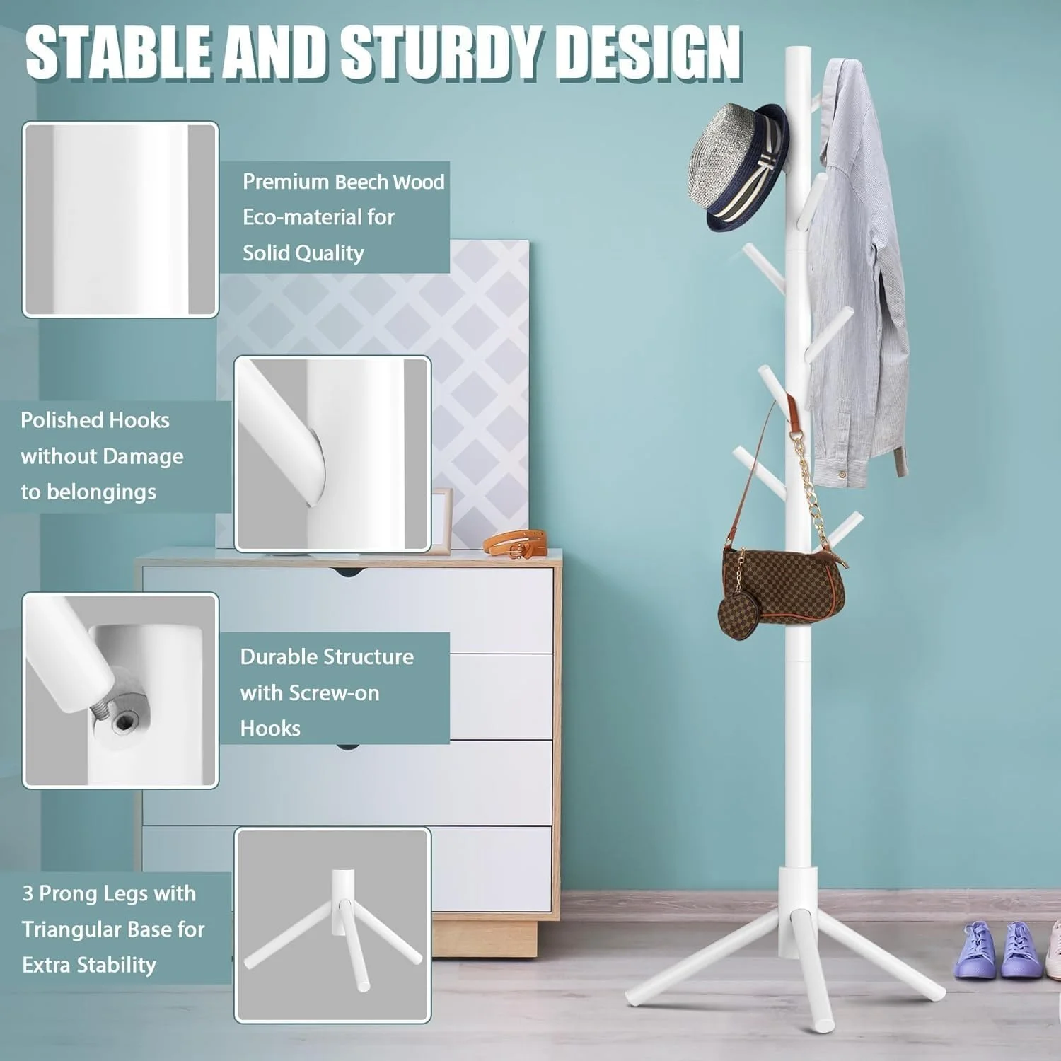 چوب لباسی ایستاده چوبی Kameety با 8 آویز، مونتاژ آسان برای کت، کلاه، شال و کیف دستی برای ورودی، راهرو، اتاق خواب، دفتر (سفید)