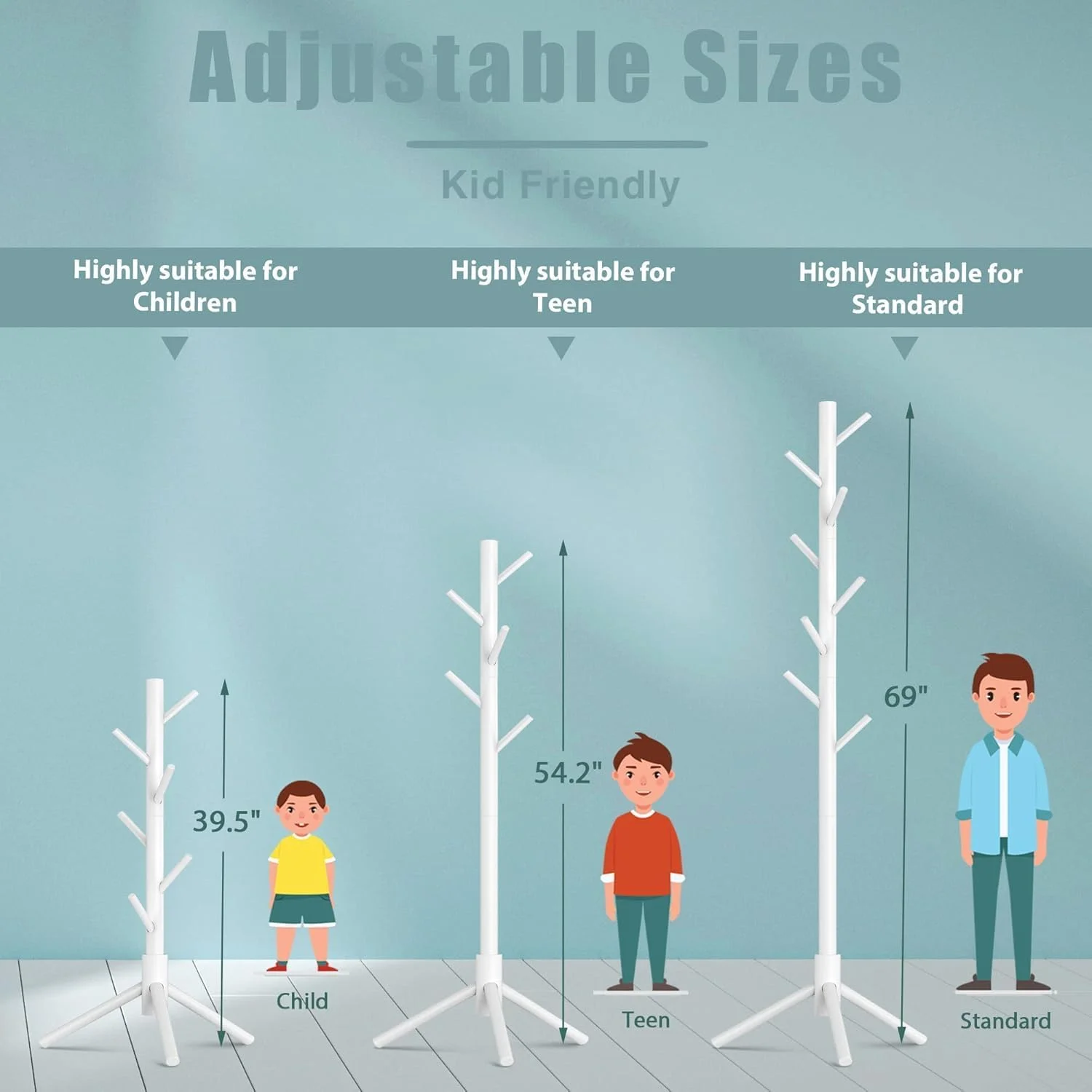 چوب لباسی ایستاده چوبی Kameety با 8 آویز، مونتاژ آسان برای کت، کلاه، شال و کیف دستی برای ورودی، راهرو، اتاق خواب، دفتر (سفید)