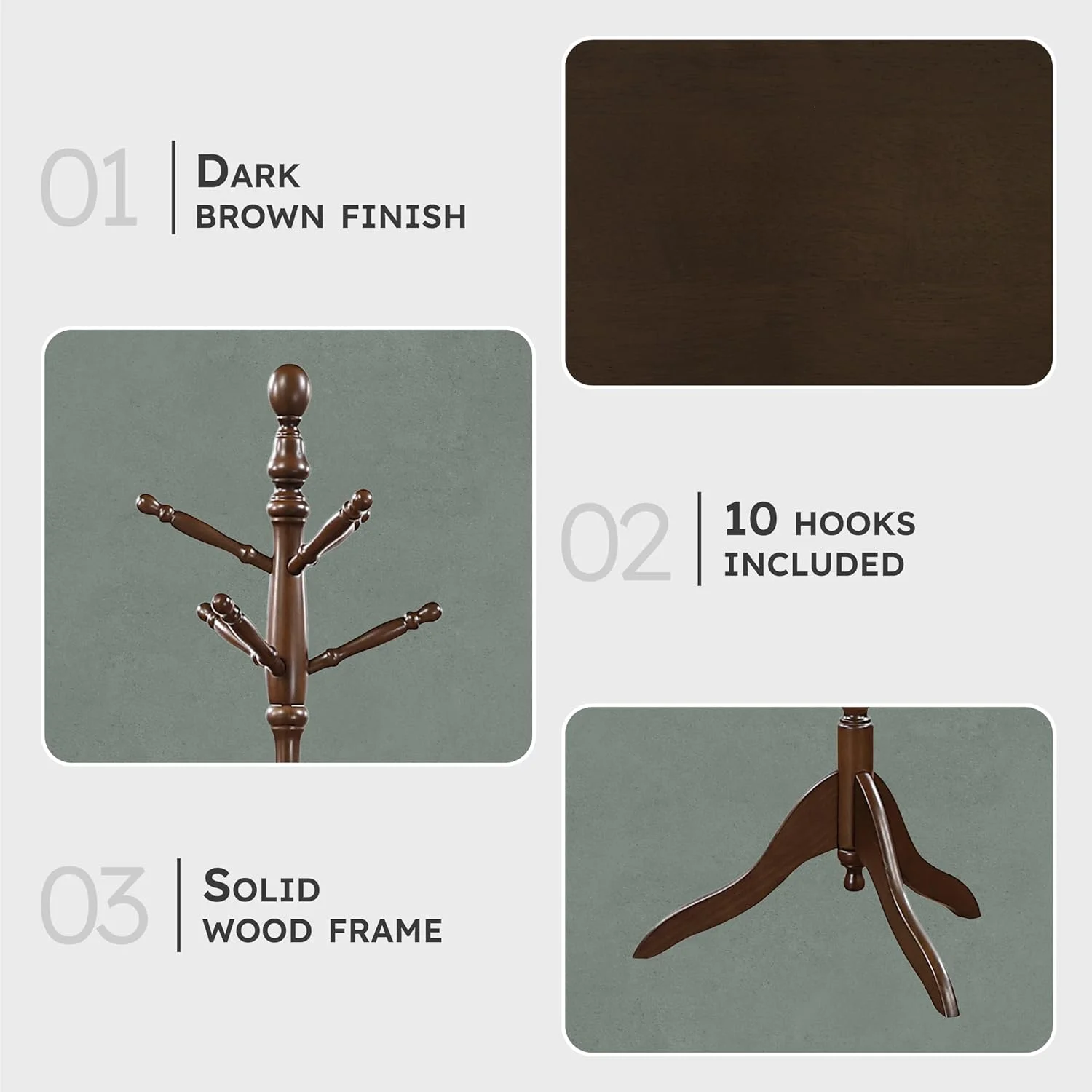 جالباسی ایستاده چوبی محکم لغتنامه با 10 آویز برای کلاه، شال گردن، کیف دستی، جالباسی چوبی 3 طبقه مستقل مناسب برای اتاق خواب، ورودی، راهرو، دفتر کار، قهوه ای تیره