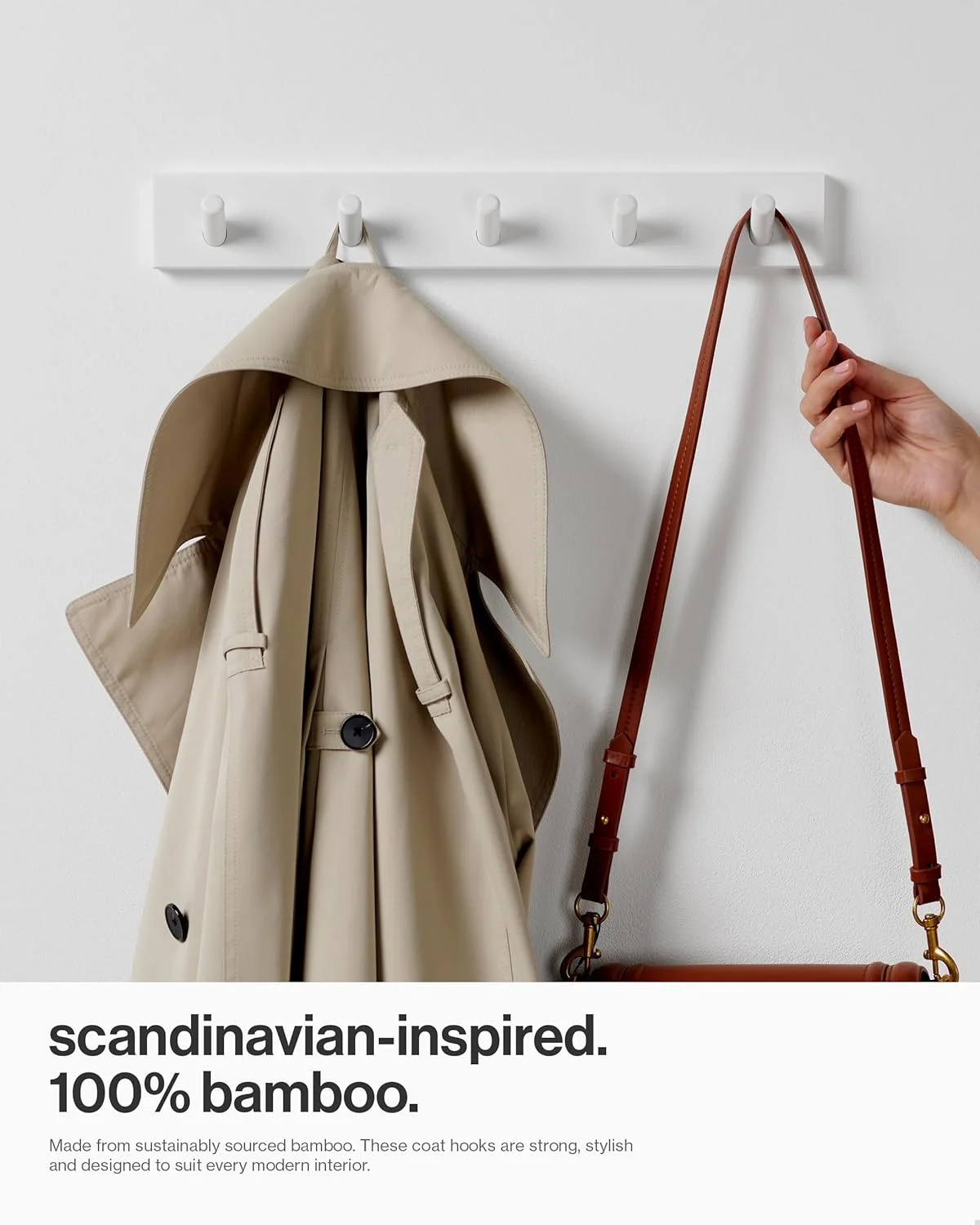 چوب لباسی دیواری لارن - بسته 2 عددی - 5 آویز لباس سفید برای دیوار - 43 سانتی متر - به همراه تمام اتصالات برای نصب سریع و آسان