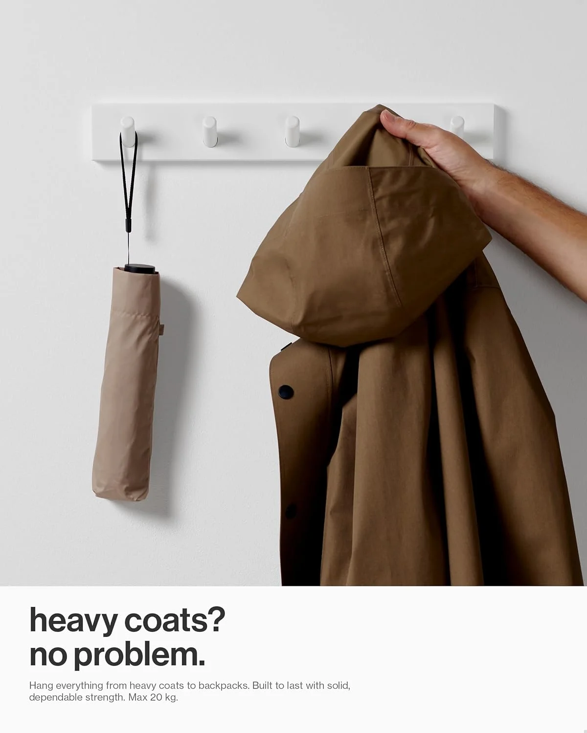 چوب لباسی دیواری لارن - بسته 2 عددی - 5 آویز لباس سفید برای دیوار - 43 سانتی متر - به همراه تمام اتصالات برای نصب سریع و آسان