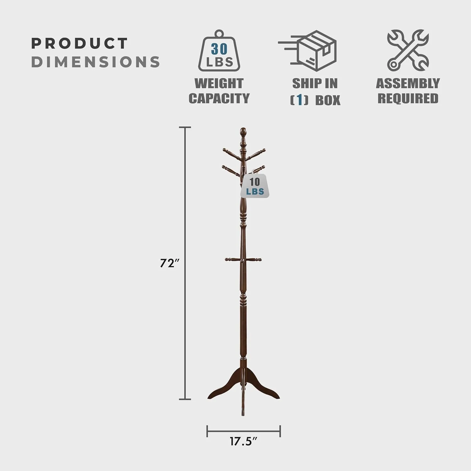 جالباسی ایستاده چوبی محکم لغتنامه با 10 آویز برای کلاه، شال گردن، کیف دستی، جالباسی چوبی 3 طبقه مستقل مناسب برای اتاق خواب، ورودی، راهرو، دفتر کار، قهوه ای تیره