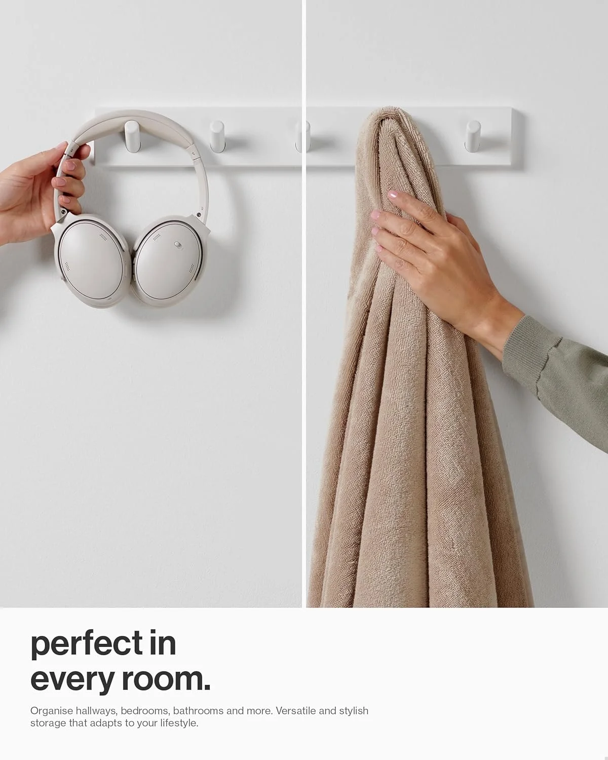 چوب لباسی دیواری لارن - بسته 2 عددی - 5 آویز لباس سفید برای دیوار - 43 سانتی متر - به همراه تمام اتصالات برای نصب سریع و آسان